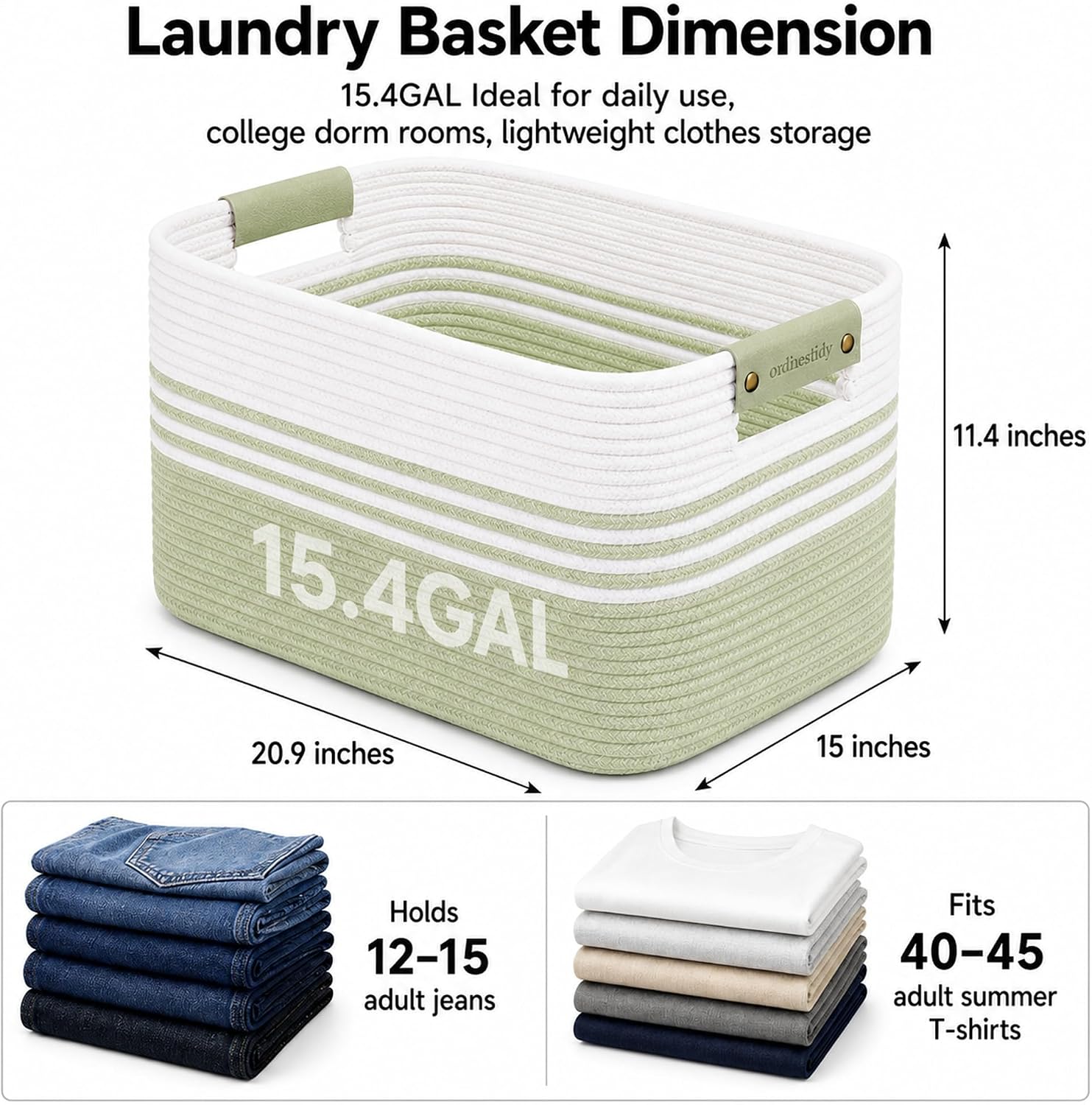 15.4GAL Woven Laundry Basket for Kids, Cute Boho Square storage basket for Living Room Decor, Baby Girls Boys Toys Stuffed Animal Decorative Short Hamper for Dirty Clothes, Bath Towel White Green image 2