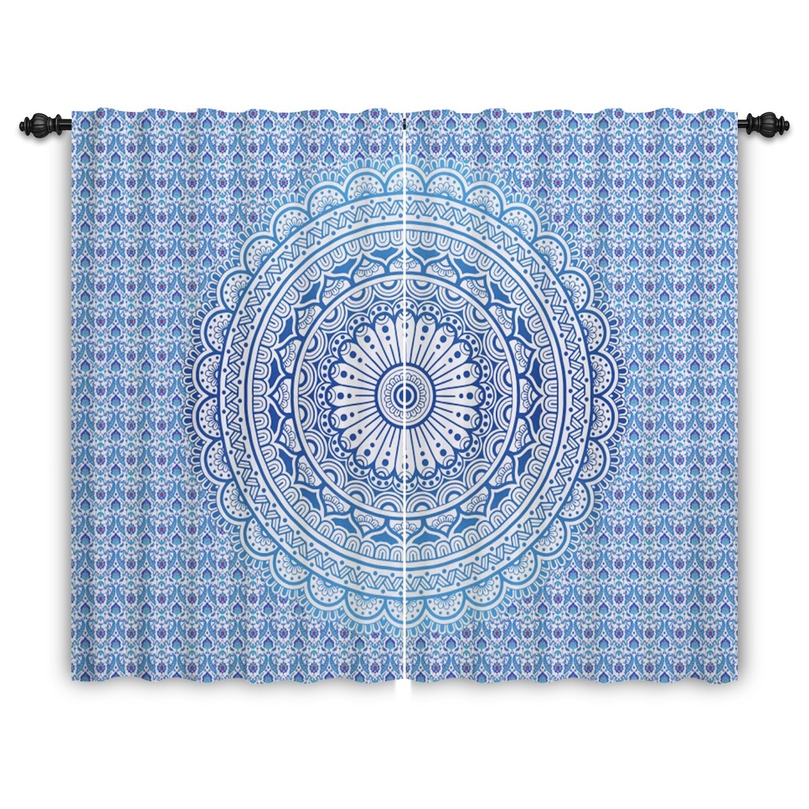 ggaimwf Boho Curtains for Bedroom Ombre Blue Mandala Curtain Bohemian Printed Colorful Ethnic Window Drapes Rod Pocket Indian Hippie Style Divination Door Curtain Pencil Pleat 107x160cm 2 Panels