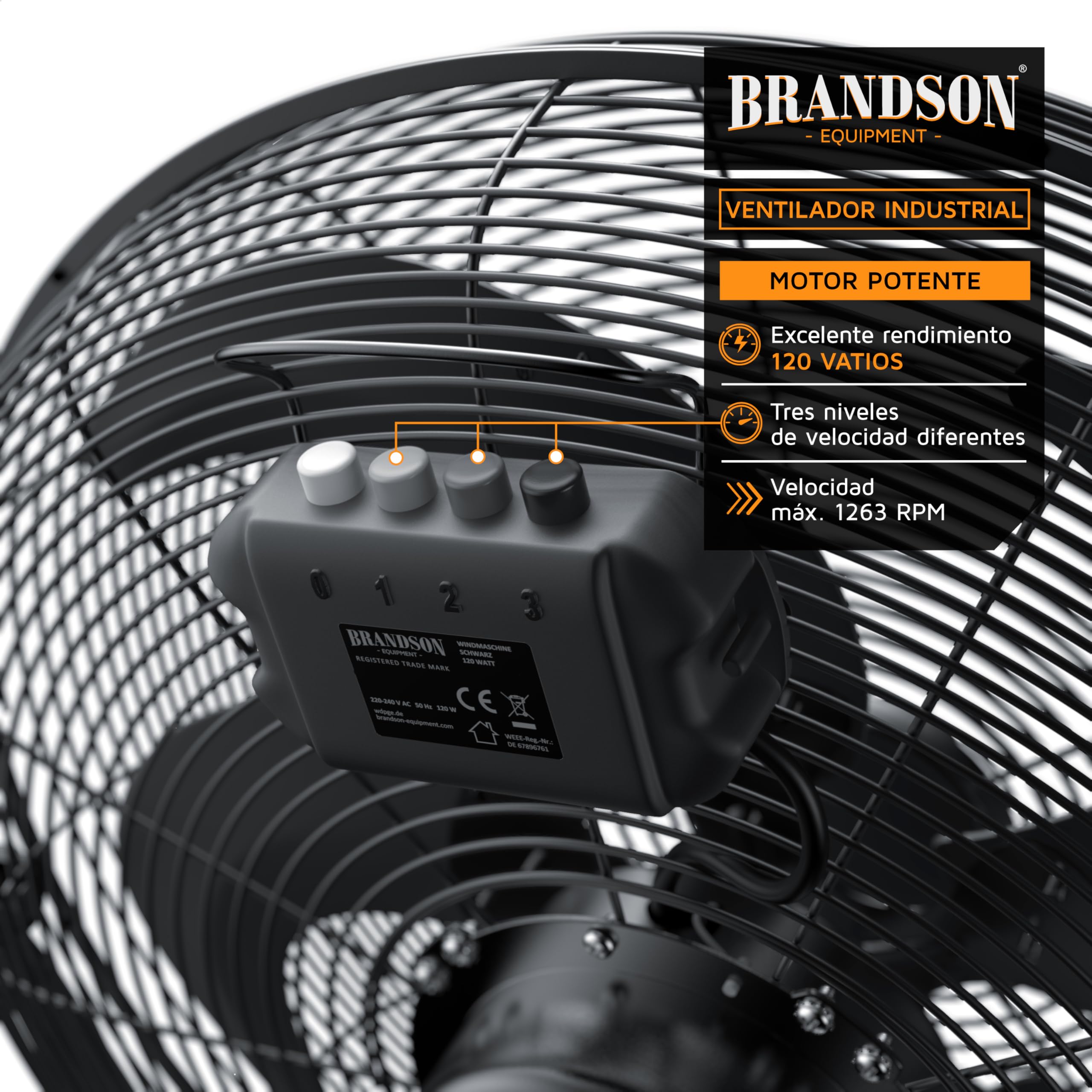 Brandson - ventilador de suelo estilo retro 120 Watt - ventilador industrial 50cm - alto flujo de aire - inclinable y versátil - negro mate
