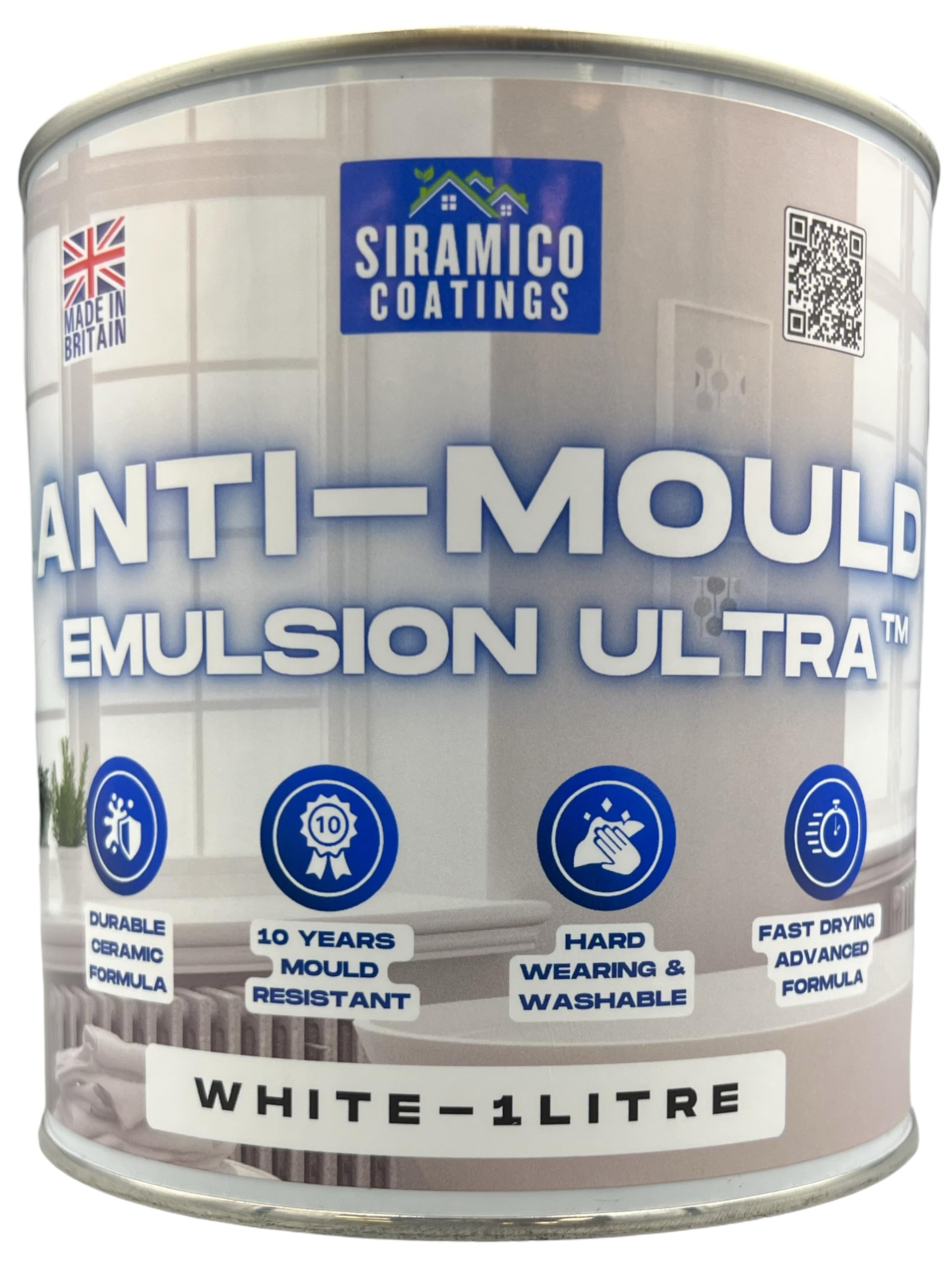 SIRAMICO COATINGS I Anti Mould Paint Ultra I Brilliant White Matt Finish I 10 Year Anti Mould Protection Emulsion Paint For Bathrooms, Kitchens, Walls and Ceilings (1 Litre)