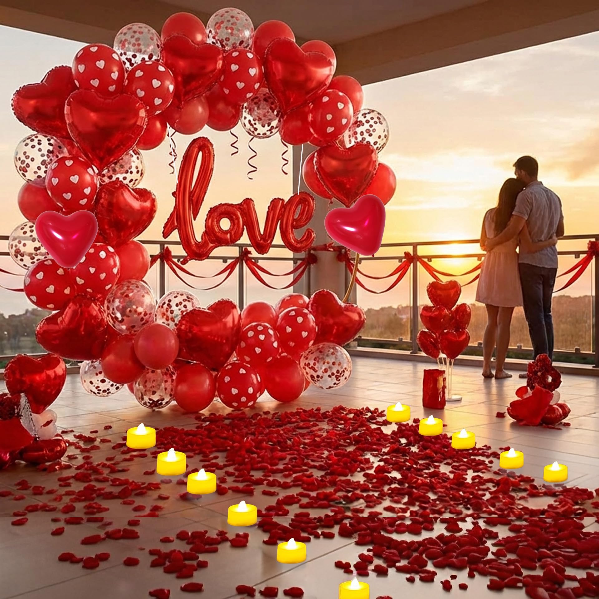Decoraciones rojas para el día de San Valentín con velas LED de té