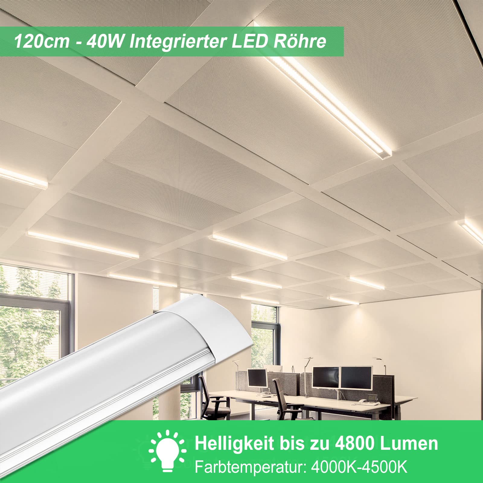 2Pcs LED Feuchtraumleuchte 120cm, 40W 4800LM LED Deckenleucht Röhre Licht, Neutralweiß 4500K Werkstattlampe - 2,5cm flach Lampe,130°Abstrahlwinkel Deckenlampe für Wohnzimmer Küche Garage Büro