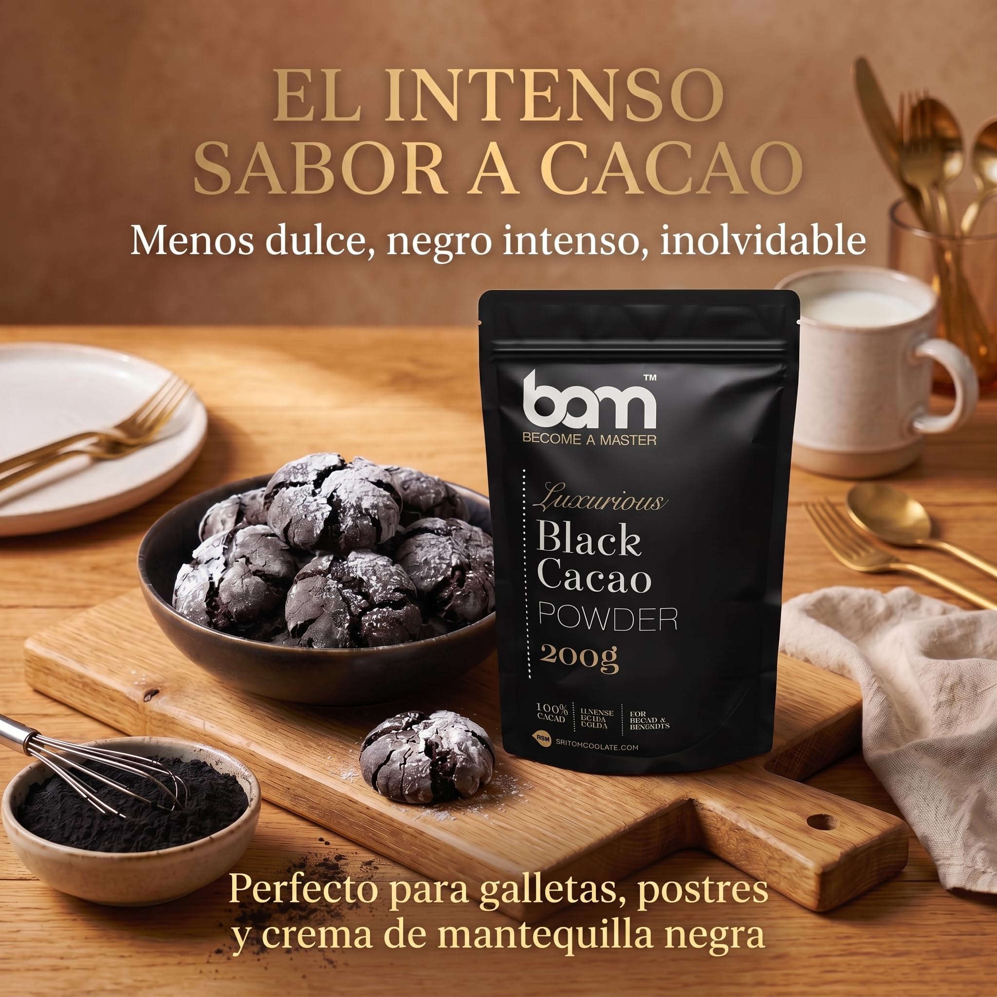 BAM Cacao Negro en Polvo 200 g, Cacao Puro y Desgrasado sin Azúcar para Repostería – Sin Gluten, Vegano