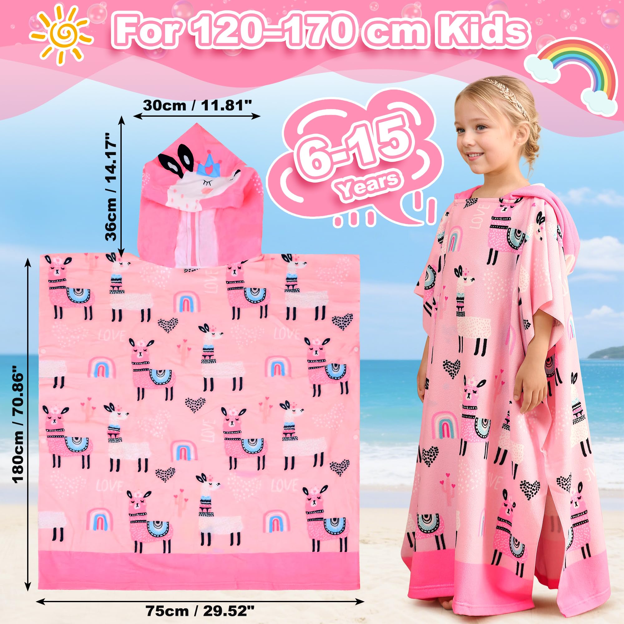 Badeponcho Kinder Mikrofaser Badetuch Strand Badehandtuch mit Kapuze Groß Handtuch Poncho Rosa Alpaka Drucken Lang Strandtuch 75*180cm Schwimmbad Weich Handtücher für 6-15 Jahre Jungen Mädchen