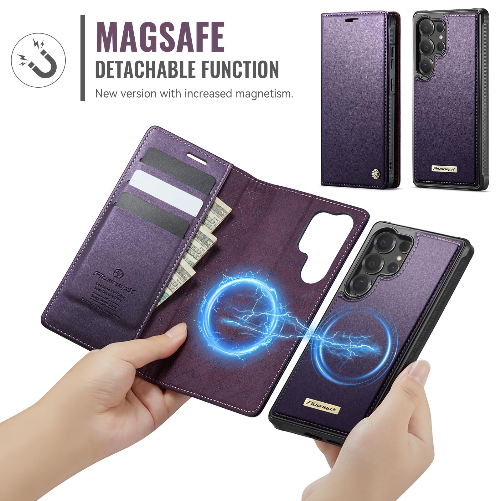 Funda tipo cartera para Samsung Galaxy S25 Ultra compatible con Magsafe, 2 en 1, de piel sintética, con bloqueo RFID, tarjetero, a prueba de golpes, magnética, desmontable, para Galaxy S25