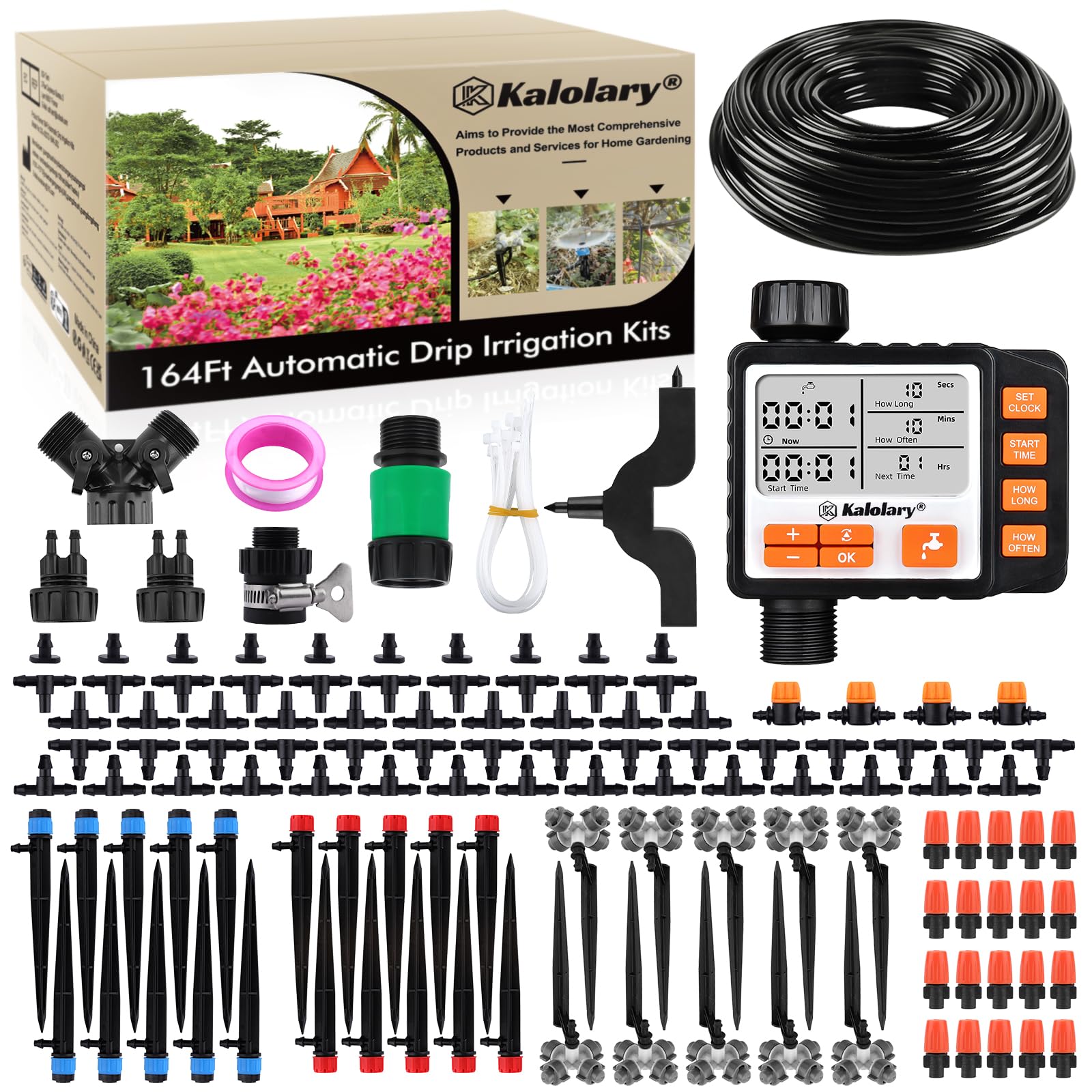 Kalolary Drip Irrigation Kit, 164 Ft Adjustable Garden Watering System with Timer, 133 PCS Blank Distribution Watering Drip Tubing Kits for Patio Lawn Garden Greenhouse Flower Bed