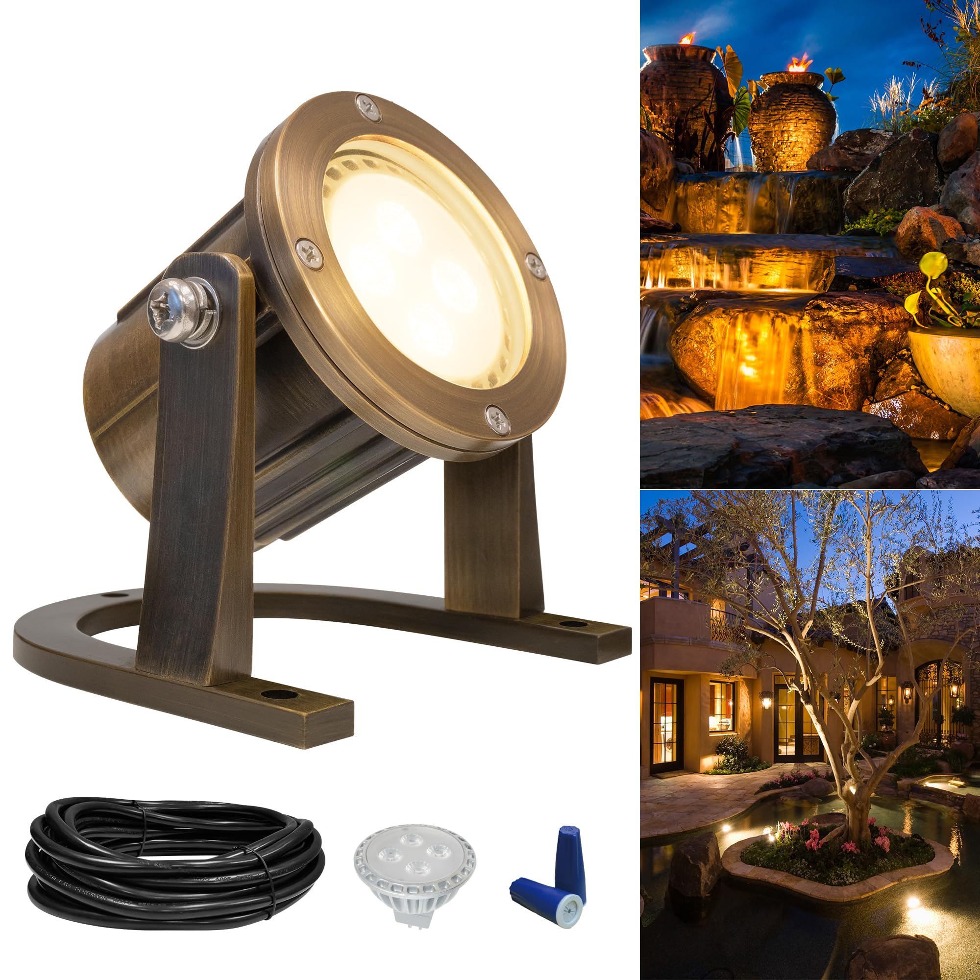 GKOLED Solid Brass Underwater Light, Low Voltage LED Pond Lights, Submersible Fountain Lighting with 5W 2700K 410LM MR16 Bulb, 9-15V AC/DC Outdoor Landscape Waterfall Light, IP68 Rated Pool Spotlights