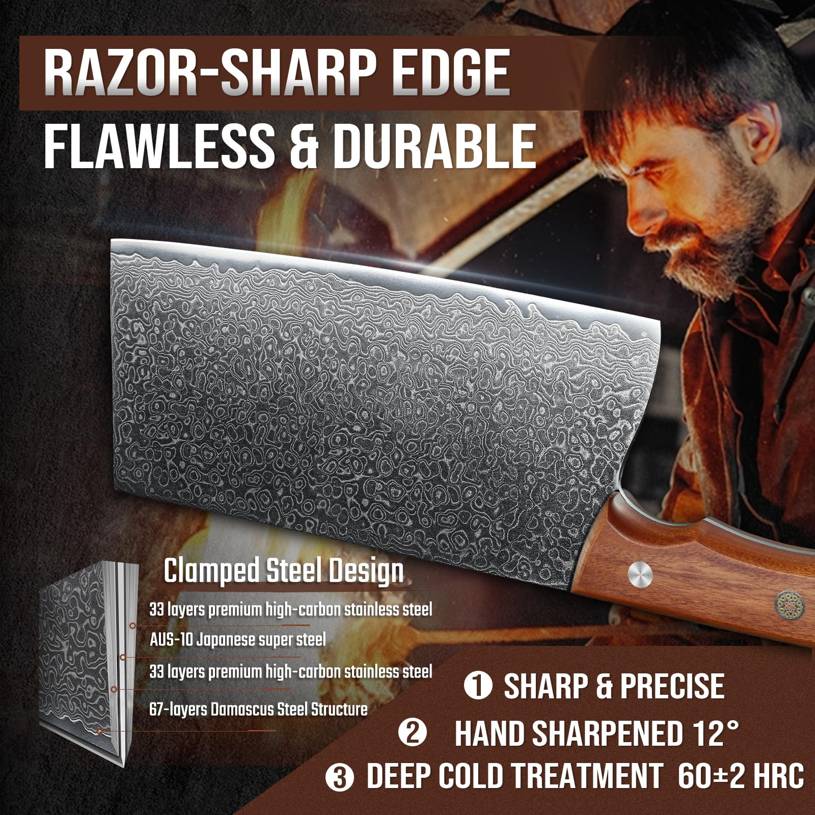DRAGON RIOT 10 Inch Meat Cleaver, VG10 Steel, Wood Handle — Amazon image 4