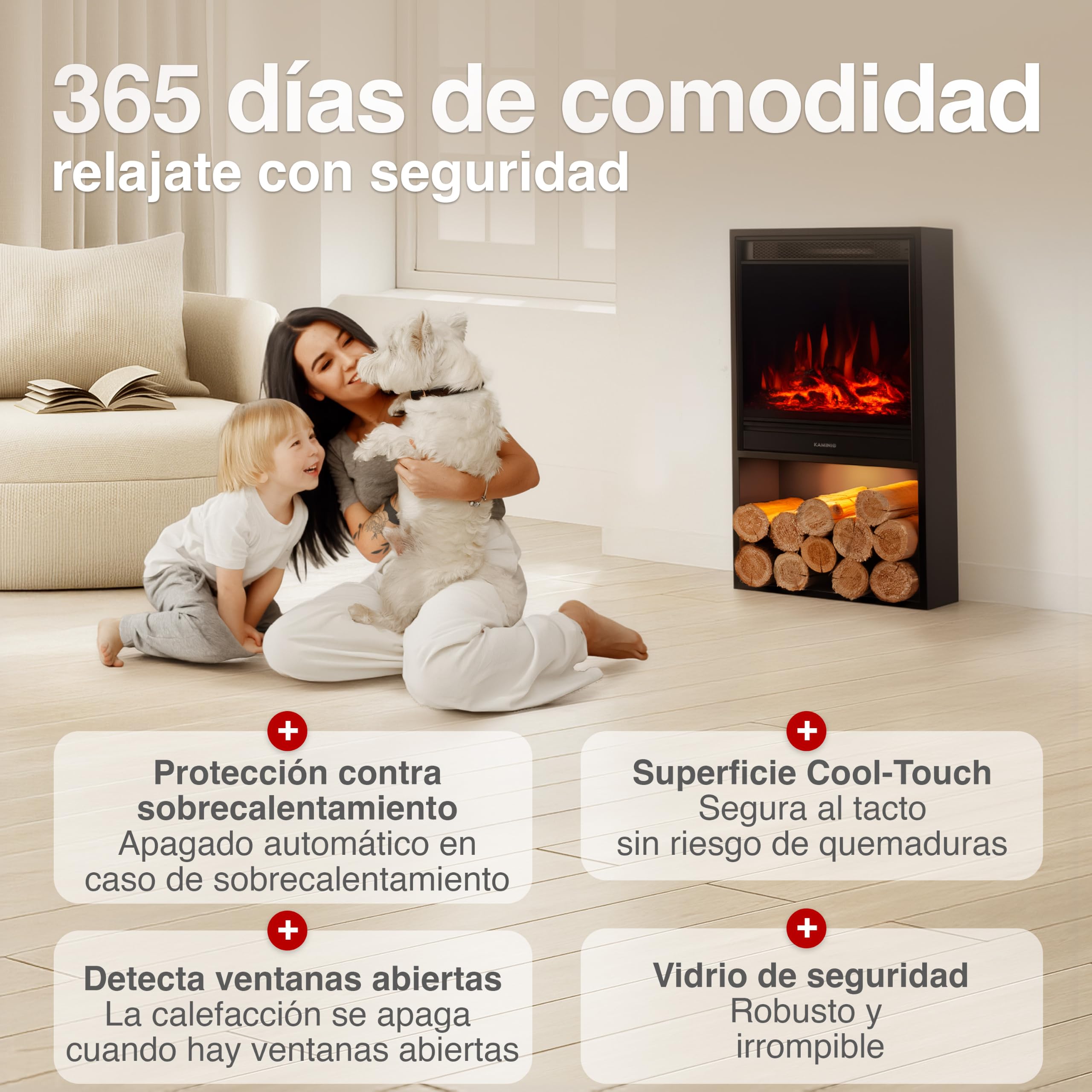 KAMINIO Chimenea eléctrica Hugo - Estufa de Chimenea con calefacción, Efecto Llama 3D, Luz Ambiental LED, Compartimento de Madera, Control Remoto (Negro)