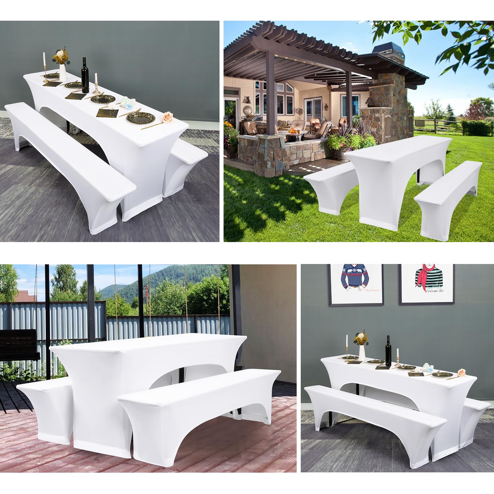 YMHPRIDE Due set di 3 copritavoli da birra elastici, copribanchi da birra elastici bianchi e tovaglie, larghezza tavolo 50 cm, per coperture per mobili da giardino per banchetti.
