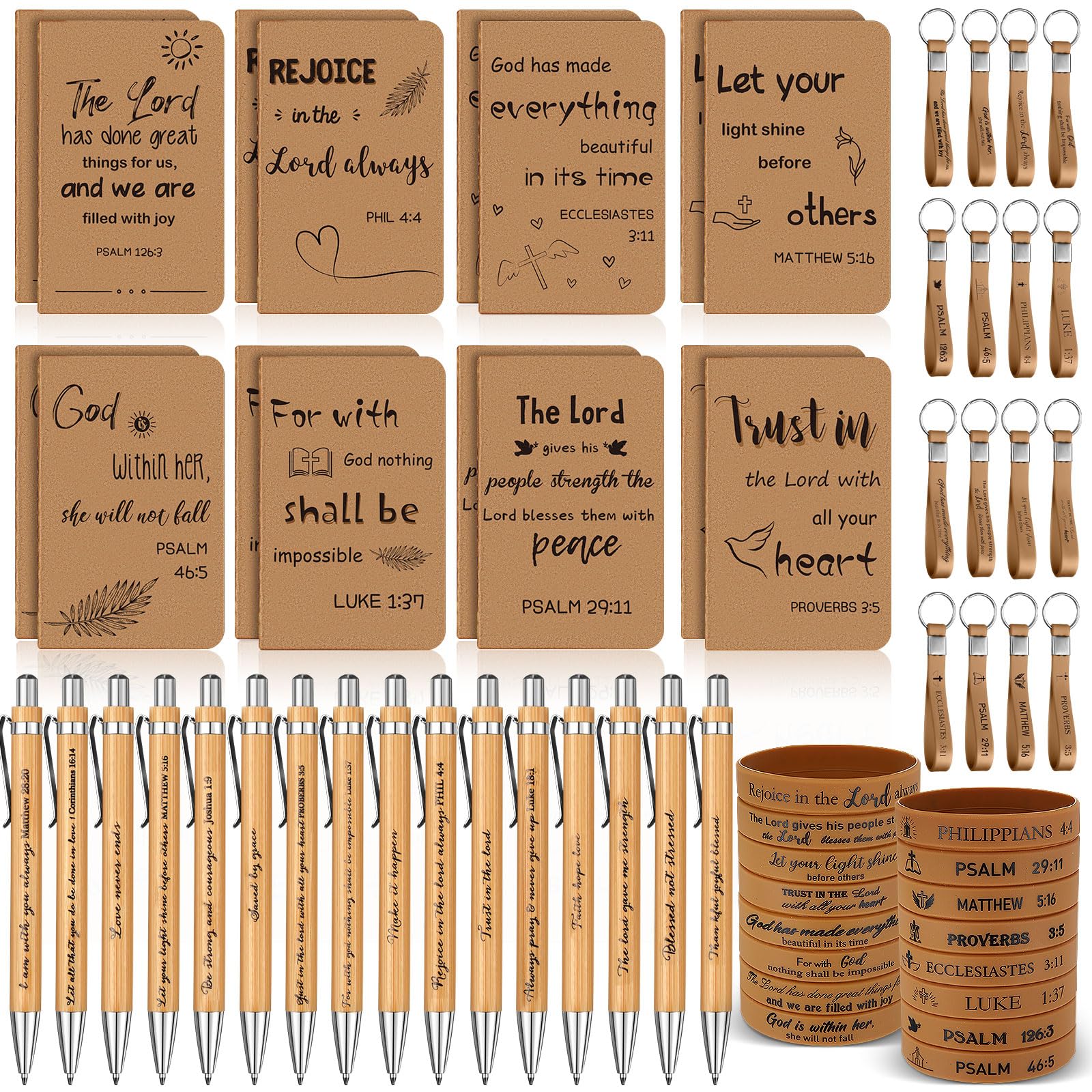 PerKoop 64 Pcs Inspirational Gifts Bulk 16 Motivational Notebooks Journal 16 Ballpoint Pens 16 Wristbands 16 Keychains for Teacher Office Women