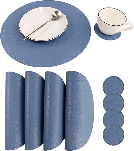 Miniatura 11 de Jovono - Juego de manteles individuales y portavasos redondos: 4 manteles y 4 portavasos de piel sintética de doble costura; diámetro de mantel de D