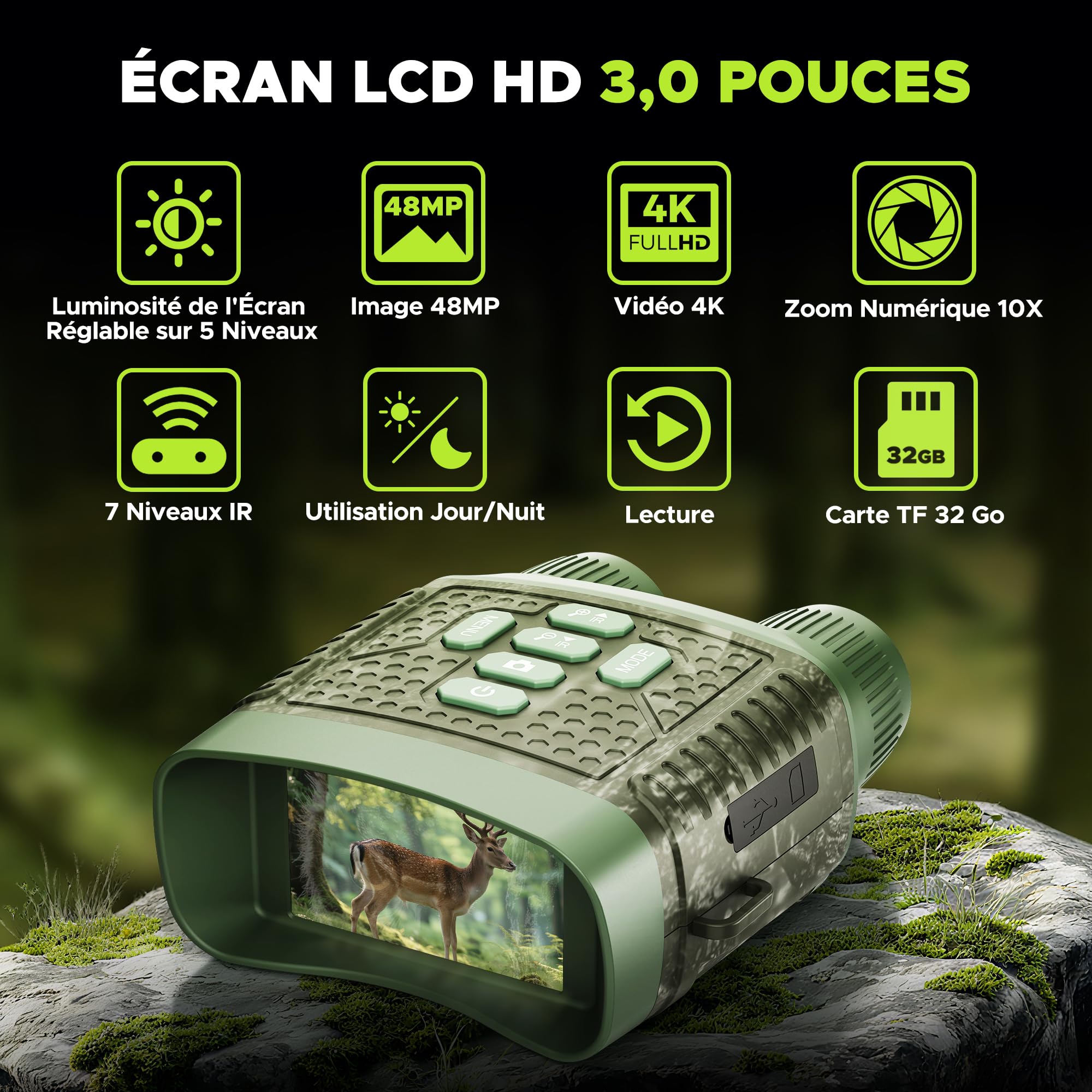 Jumelle Vision Nocturne 4K 48MP Infrarouge Zoom Numérique 10X Portée 400m avec Carte 32Go & Batterie 5000mAh Rechargeable pour Chasse Camping