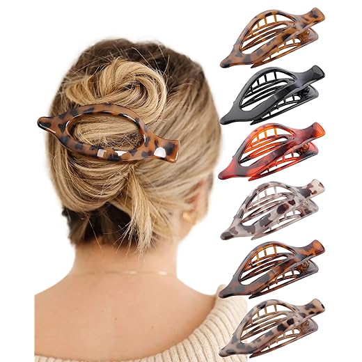 French Concord Hair Clips Claw - 6Pcs Side Slid Flat Hair Clips for Volume Strong Hold No Slip Grip Hair Claw Clips for Women Girls Thick Thin Hair (Leopard pattern)