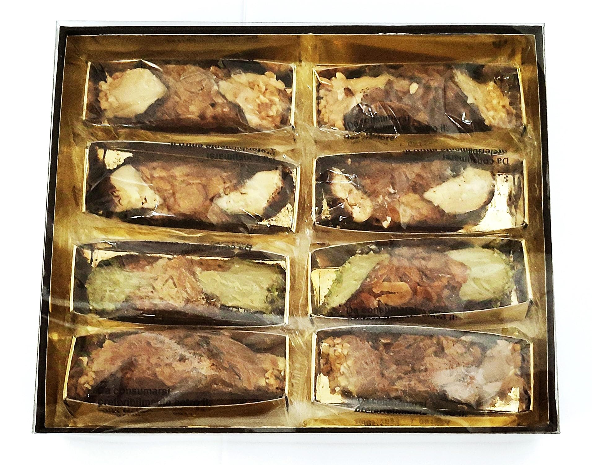 Cannoli siciliani, Cannoli Mischung 8 St. einzelverpackt, Mandelkrokantröllchen gefüllt mit Pistaziecreme, Nougat und Salz-Karamelcreme, ca. 300g