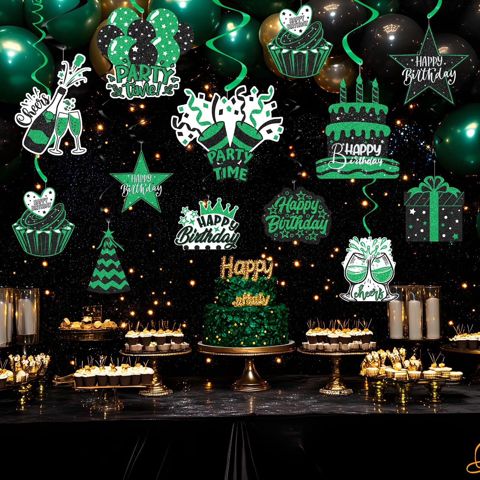 Black and Green Happy Birthday Hanging Swirl Decorations – 48PCS Ceiling Swirls with Birthday Cutouts – Birthday Party Supplies for Men, Boys, or