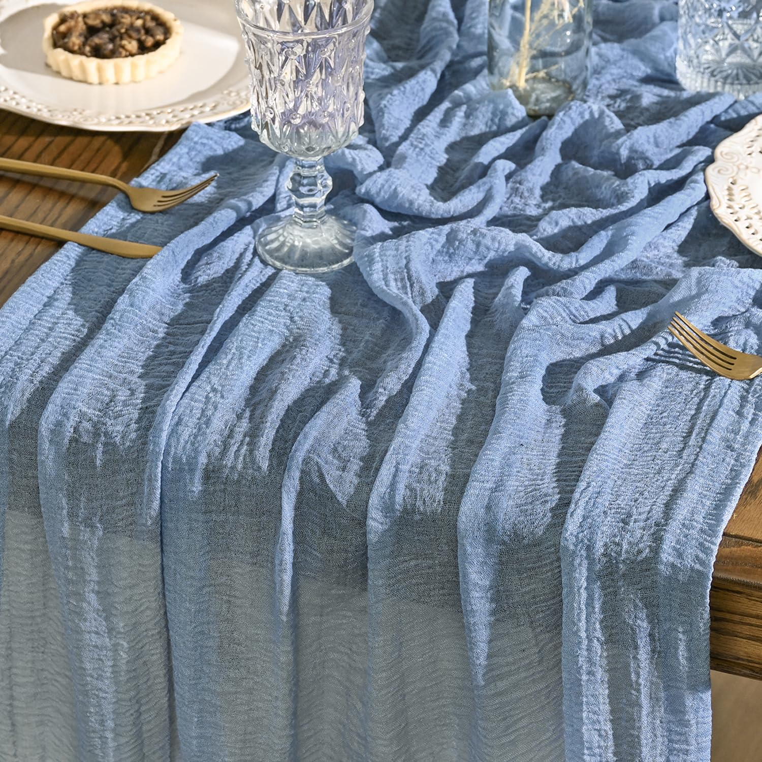 Artoid Mode Boho Smoky Blue Gauze Wedding Cheesecloth 300 cm Table Runner, Seasonal Fabric Kitchen Dining Holiday Table Decor for Home Party โ image 1