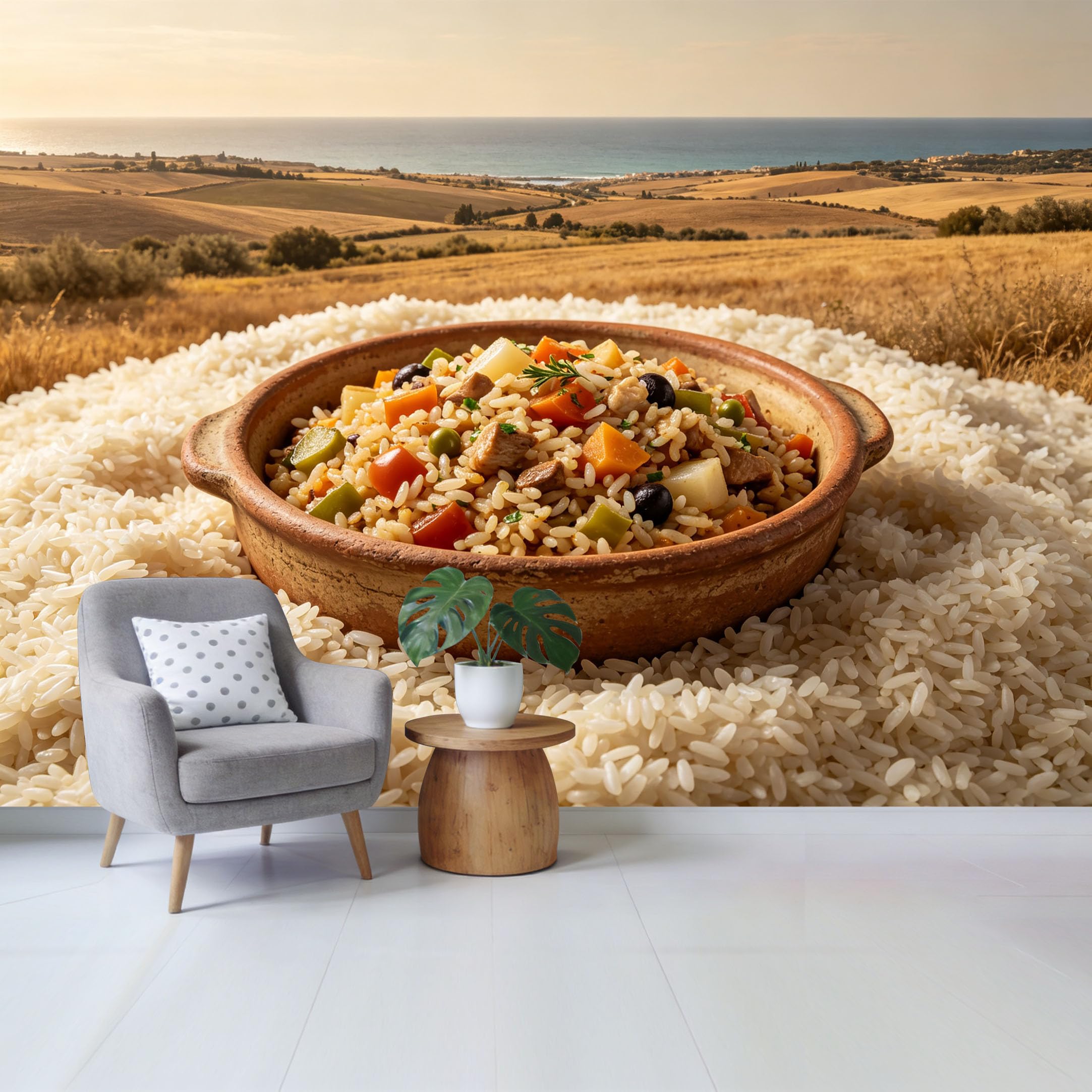 Custom Size Wall Mural Mediterranean Rice Dish Clay Bowl Landscape Coastal Scenic View SelfAdhesive Wall Fabric Removable Wallpaper for Home Office Decor