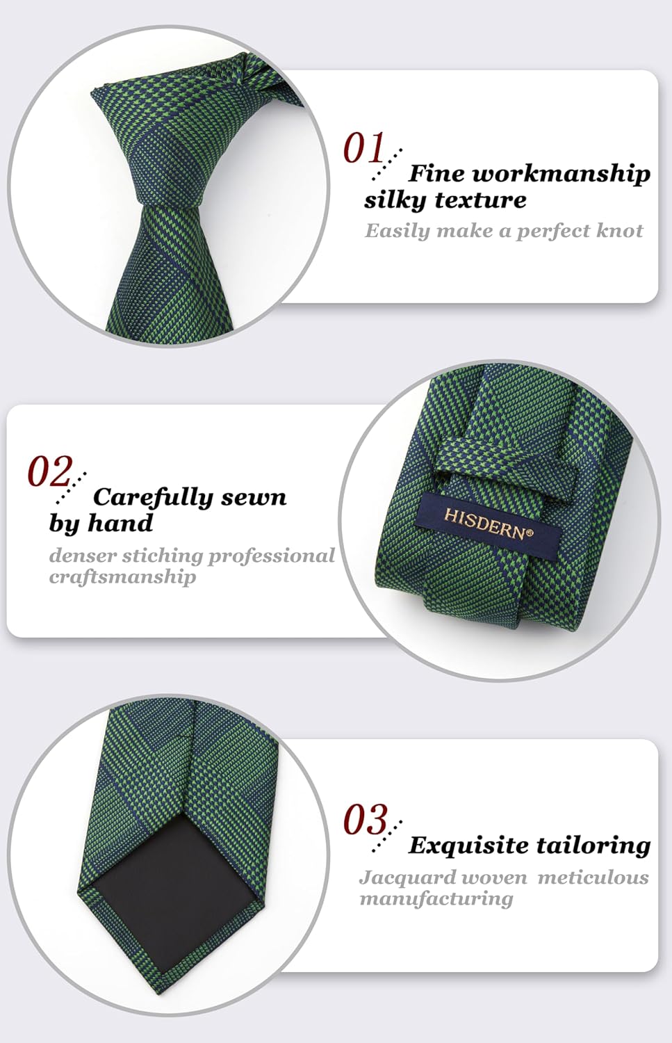 HISDERN Ties for Men Solid Houndstooth Neckties Handkerchief Formal Business Tie & Pocket Square Set Wedding Party - Image 5