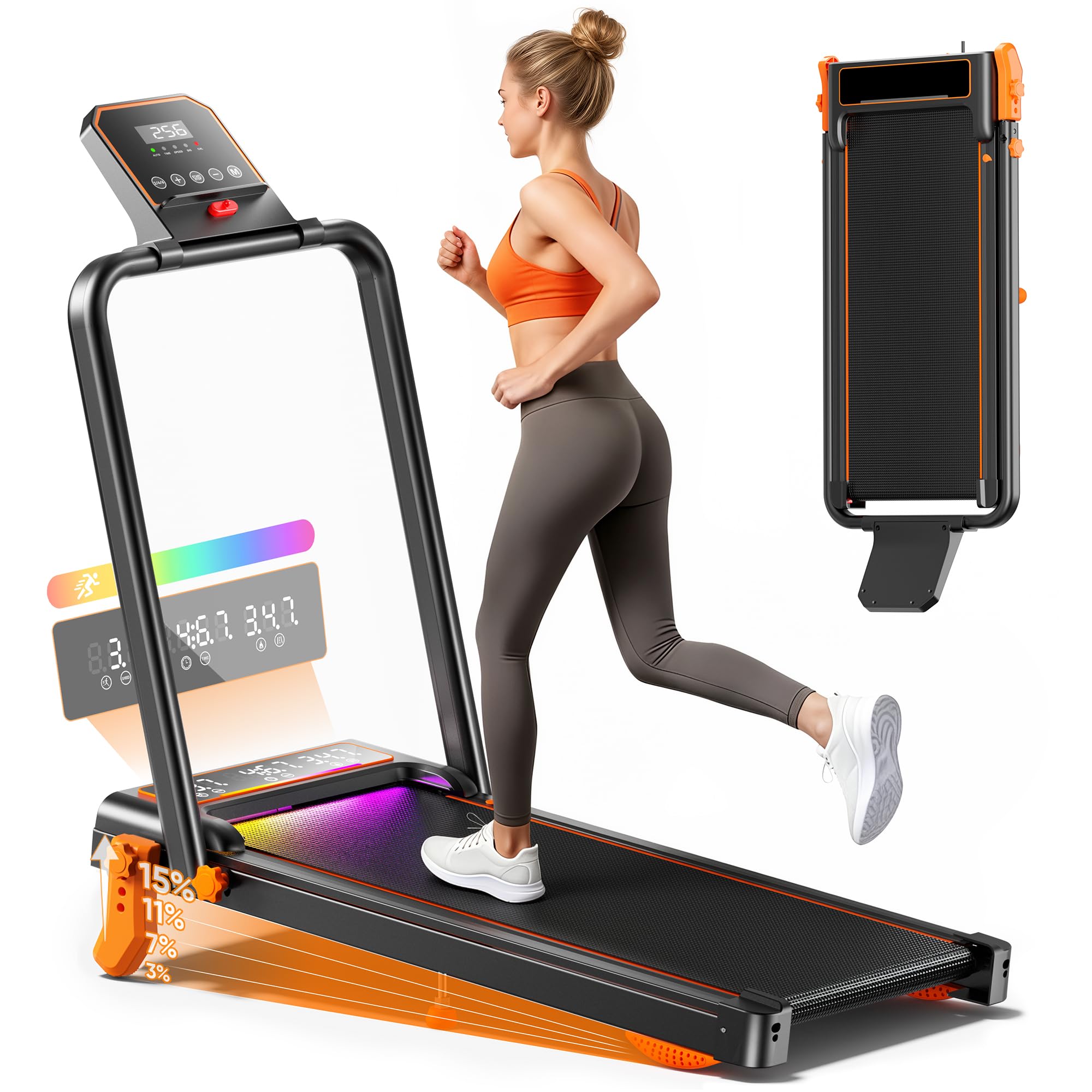 GIDGIMO Laufband Fuer Zuhause Klappbar mit Steigung 15%, 12 km/h Walking Pad mit Handgriff, leiser Motor, LED Display, Fernbedienung, Untertisch Laufband Fuer Buero