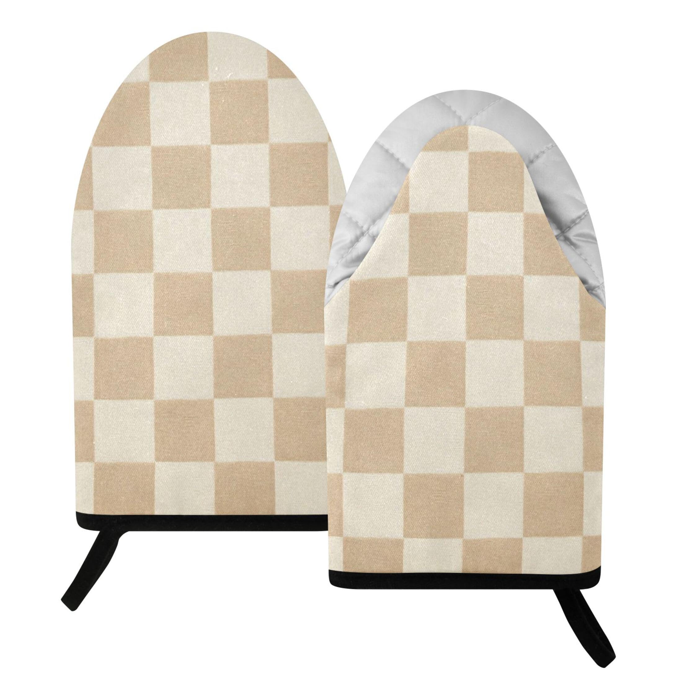 Fuauuyl Oven Mitts Heat Resistant Kitchen Gloves, Checkered Beige Classic Oven Gloves with Hanging Loop for Baking BBQ Cooking Grilling, 1 Pair, 9.5 in