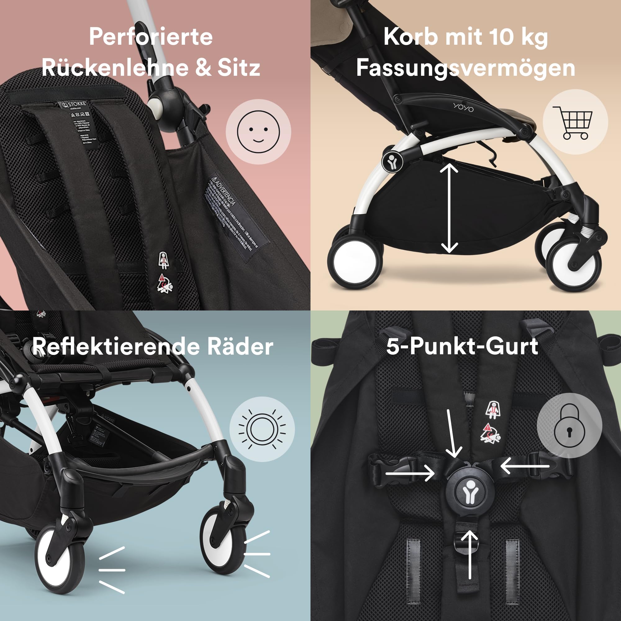 Stokke YOYO3 Gestell Weiß 5-Punkt-Gurt verstellbare Rückenlehne Sonnenverdeck-Verlängerungen gepolsterte Schultergurte Aufbewahrungstasche