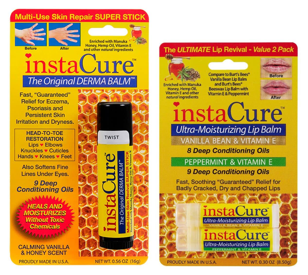 The Original Derma Balm 100% Natural Jumbo-Sized Skin Revival Tube with Manuka Honey and InstaCure Ultra-Moisturizing Vanilla Bean & Vitamin E + Peppermint & Vitamin E Lip Balm Duo. Derma Balm Quickly Soothes, Heals and Moisturzes Dry, Irritated Skin Plus Relieves Eczema & Psoriasis.