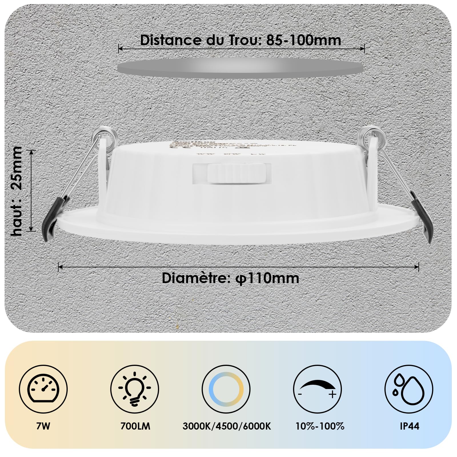 Faretti Led da Incasso per Cartongesso 7W 700 Lumen Faretti da Soffitto Risparmio Energetico 90%, Luci da Soffitto Interno 3000K-6000K Regolabile|IP44|CRI 83+|Foro Ø85-100mm Set di 6