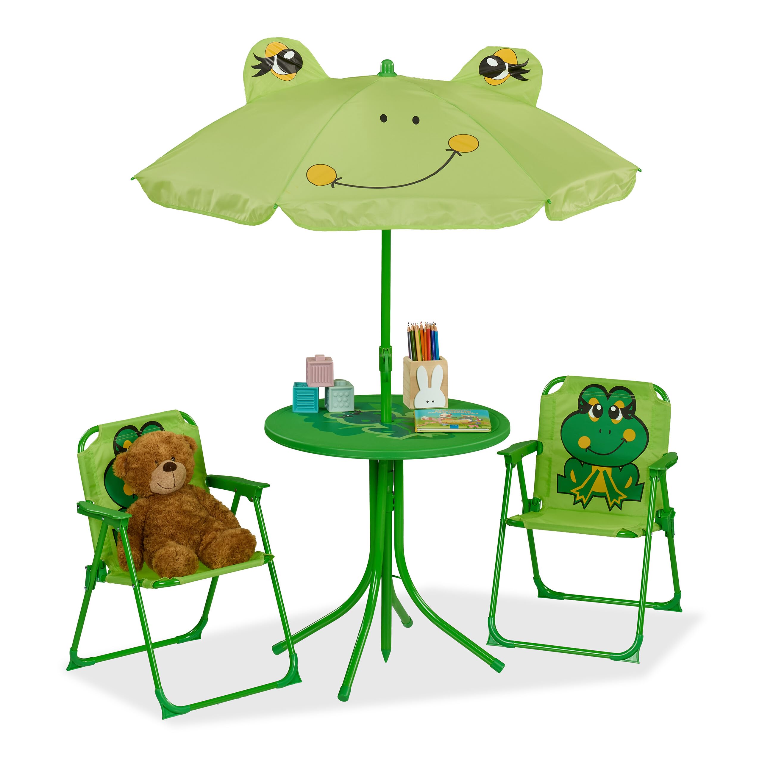 Relaxdays Tavolo Bambini con Ombrellone, Set 2 con Sedie, da Campeggio e Giardino, Tavolino Picnic, Design Rana, Verde