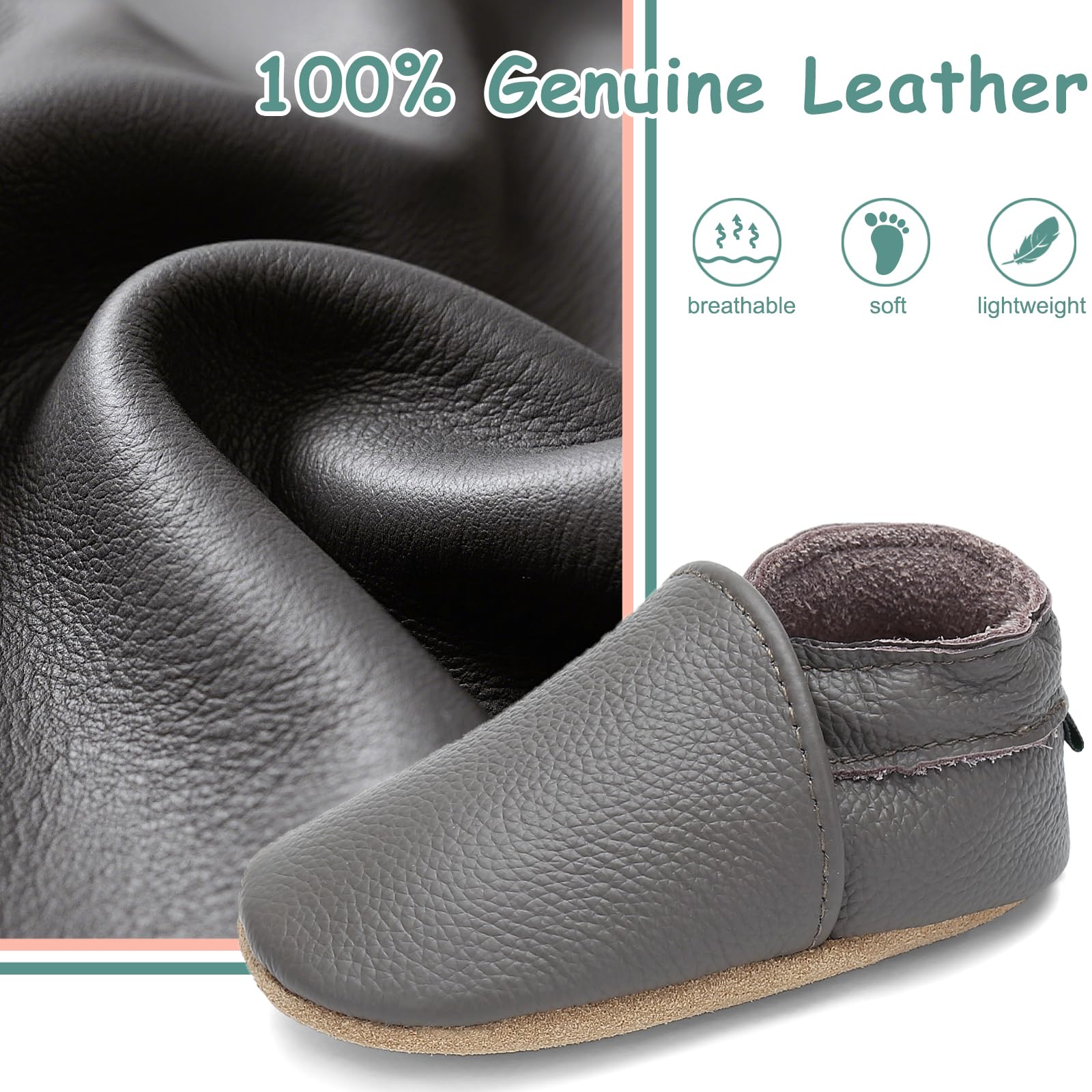 Aijoviko Genuine Leather Baby Booties Soft Sole Toddler Walking Shoes Flexible&Breathable Baby Slippers for First Walkers Boys Girls(Slate 12-18months)