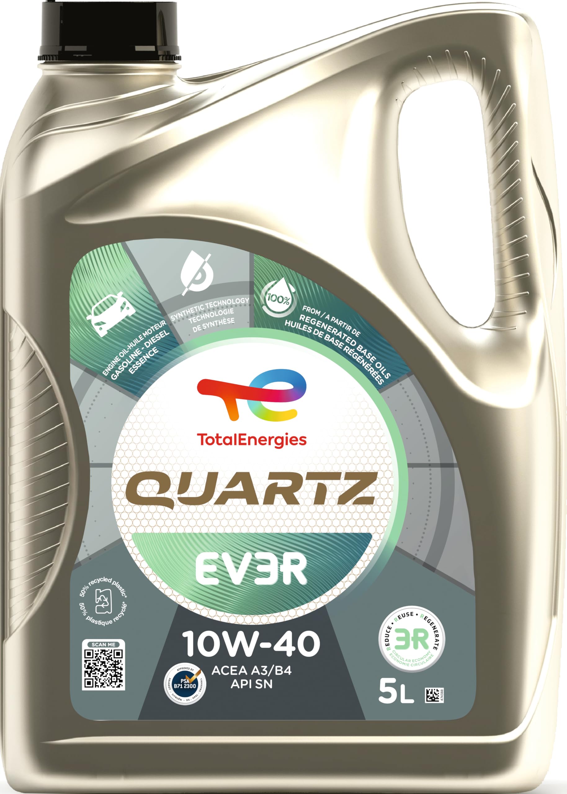 TotalEnergies Quartz EV3R 10W-​40, Huile moteur essence et Diesel, 5 litres