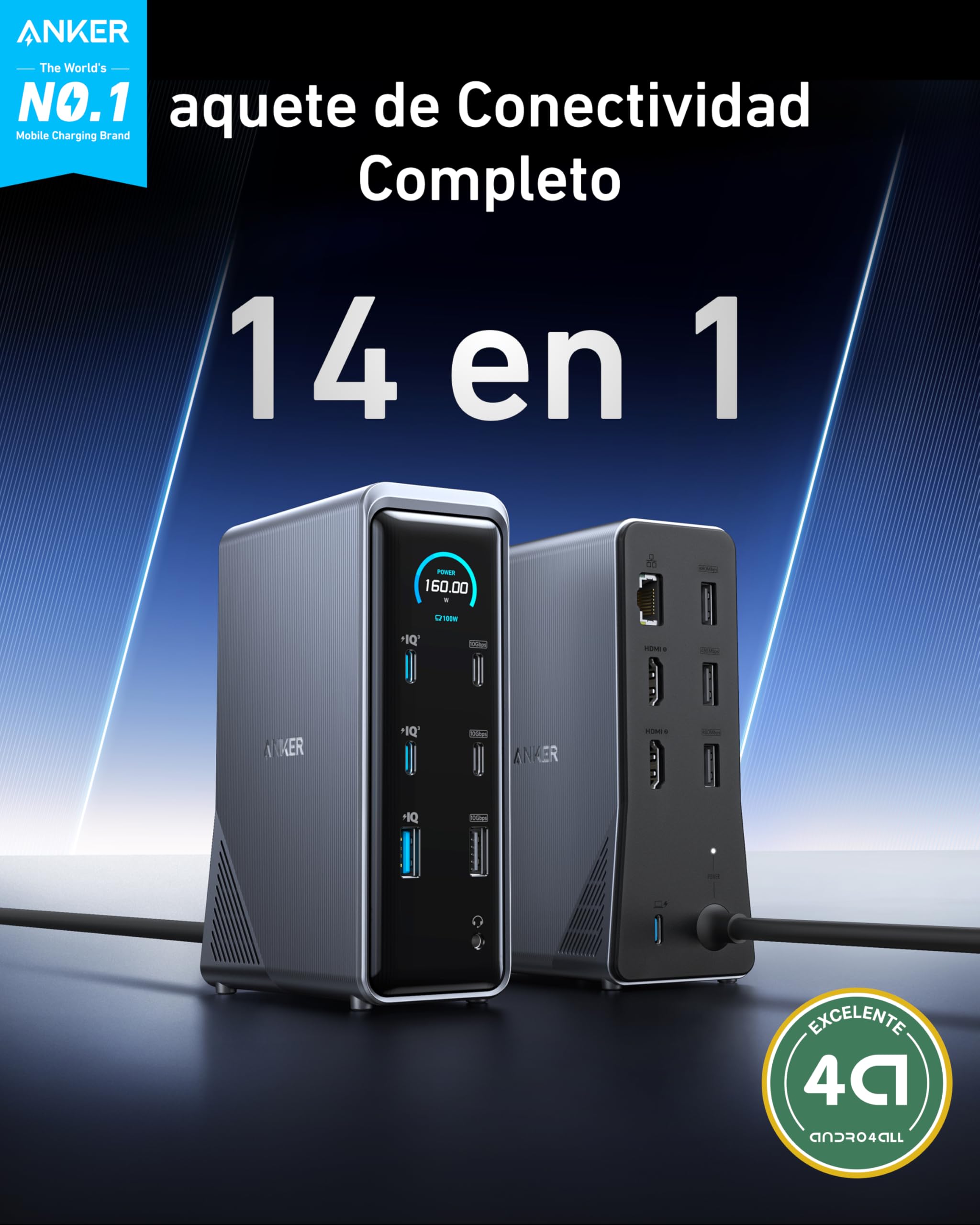 Anker Prime Docking Station 160W, 3 puertos USB-C, 100 W máx. cada uno, 1 puerto USB-A a 12 W máx. , transferencia de datos rápida de 10 Gbps, puertos de audio y Ethernet, pantallas duales 4K | 3 USB C de hasta 100 W, 1 USB A de 12 W, audio y Ethernet