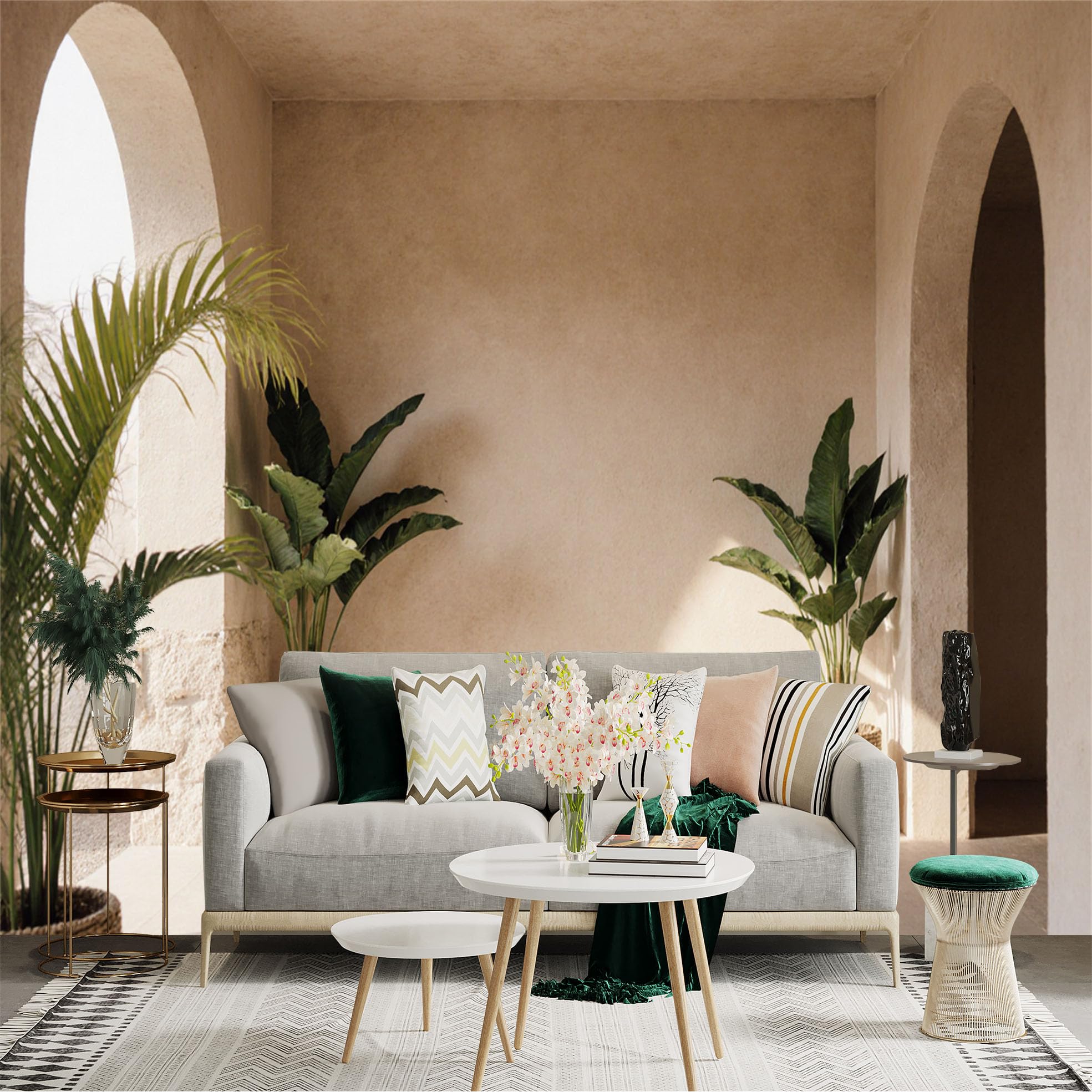 Custom Size Wall Sticker Mural， Mediterranean Interior with Arched Hallway， Lush Tropical Potted Plants， Sunlit Beige Textured Wall， for wall Decoration， peelandstick wall Decals.