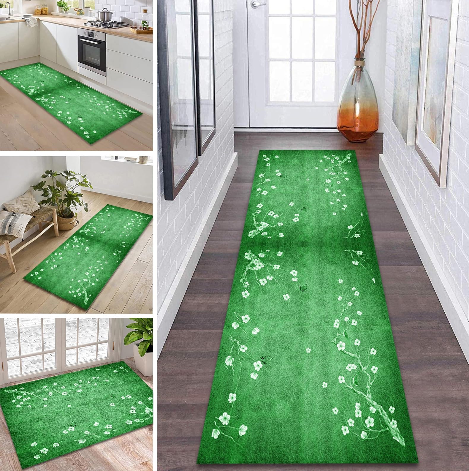 Tapis de couloir vert 110x450 cm antidérapant et lavable au mètre