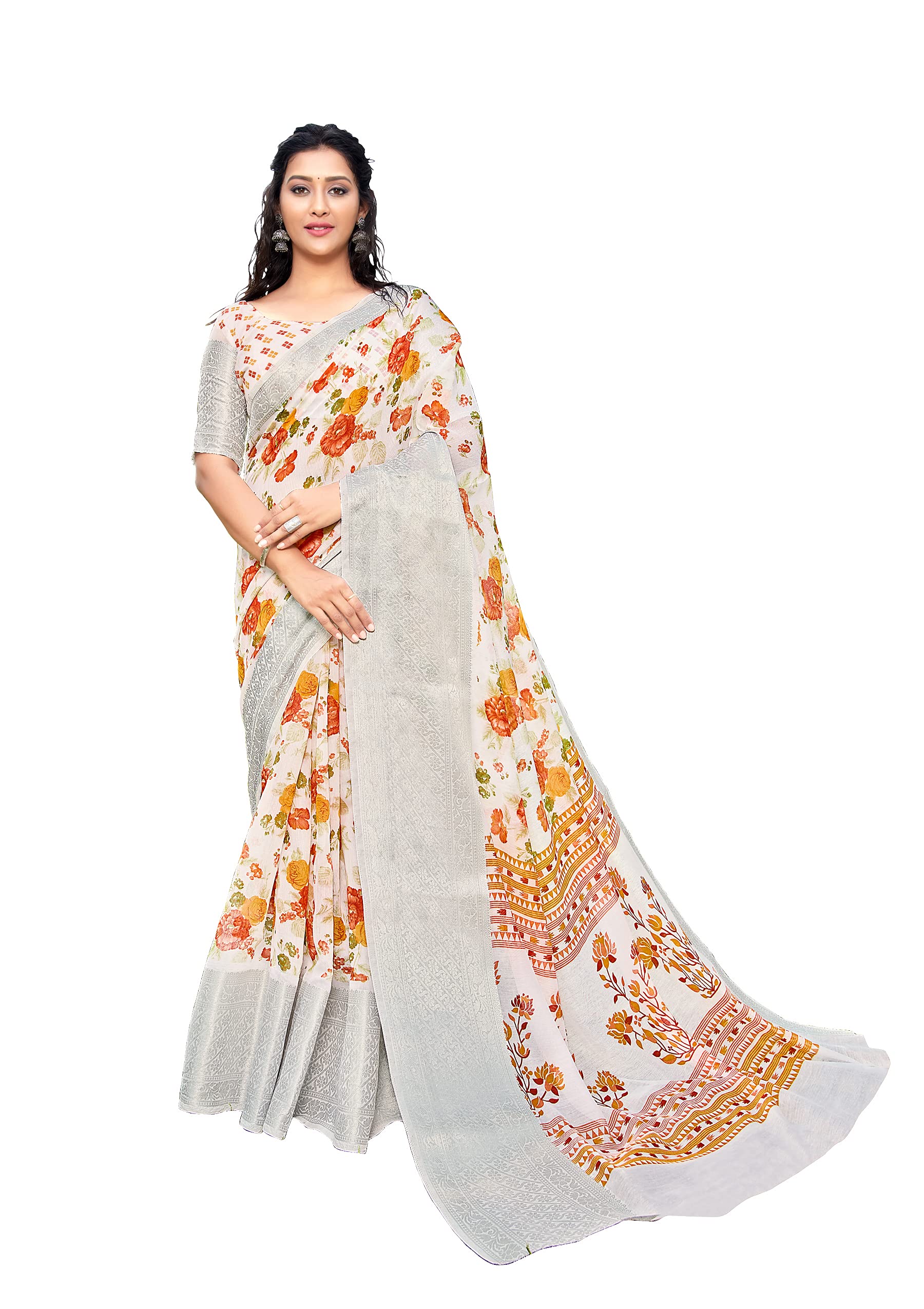 DRAVINAM TrendsWomen's Soft Cotton Printed White Saree with Broad Silver Jacquard Border and Blouse Piece