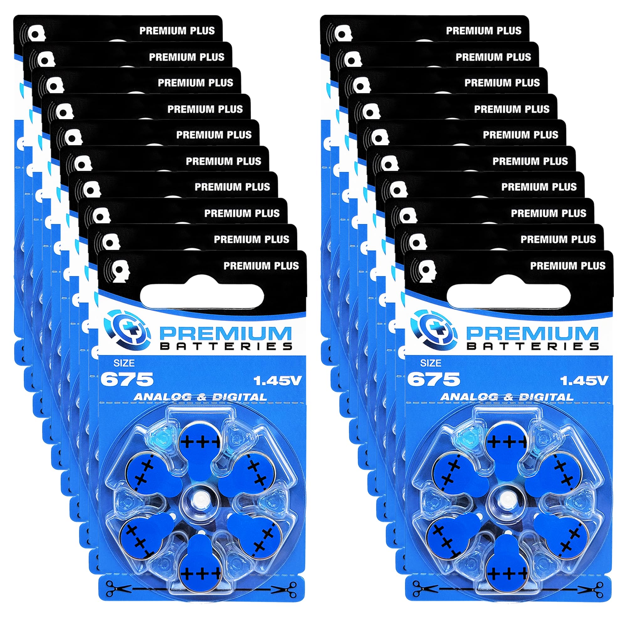 Premium Batteries Dimensioni 675, ZA675, PR44, P675 1,45 V zinco-aria batterie per apparecchi acustici Blue Tab (120 batterie)