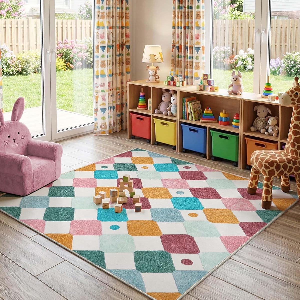 Alfombra de guardería de 5x5, alfombra cuadrada para habitación de niños, alfombra colorida lavable para sala de juegos | Suave, Antideslizante, Confeti, Lindo, Apto para Niños, Diseño Moderno de Diamantes a Cuadros, Alfombra de Juego, Dormitorio, Guardería, Fondo Crema