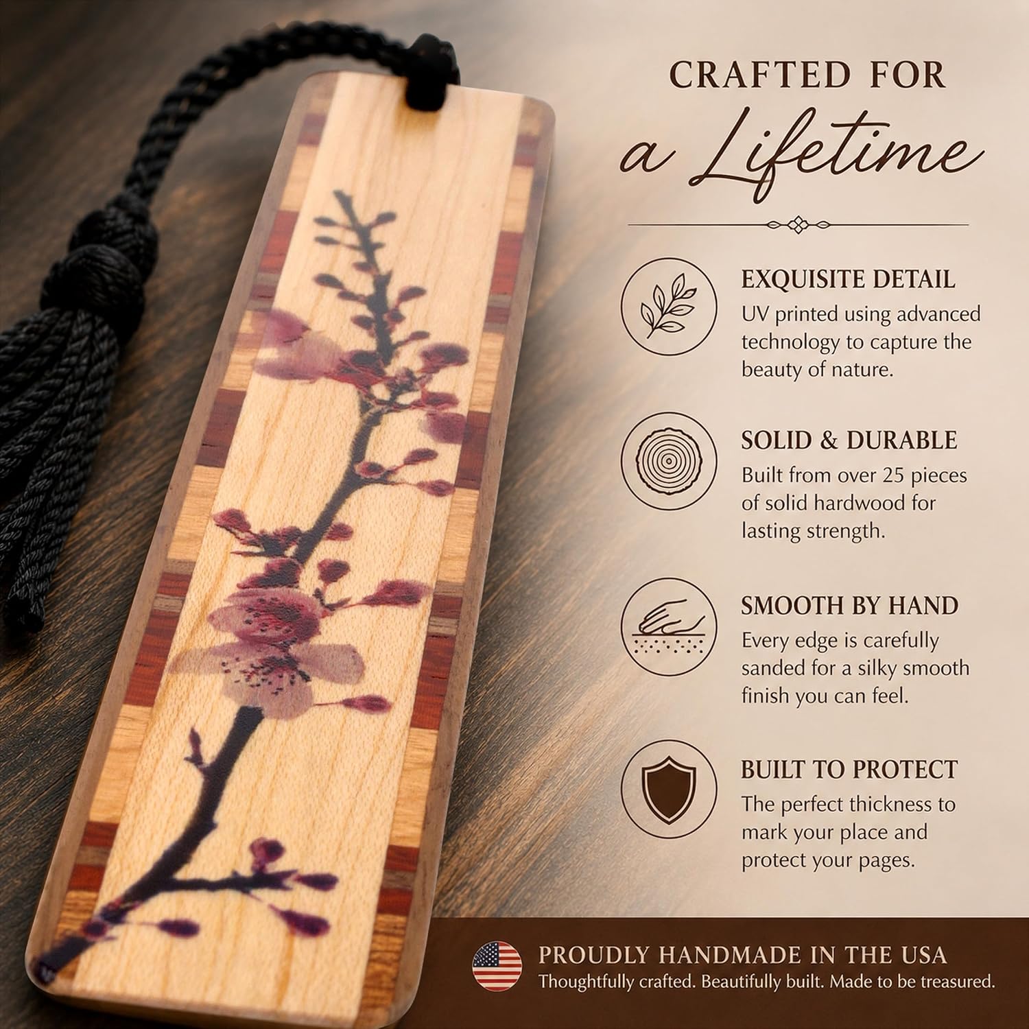 Cherry Blossom Japanese Sakura Wooden Bookmark | Japanese Floral Design | Handmade Wood Bookmark with Black Collegiate-Style Chainette Tassel | Made in the USA