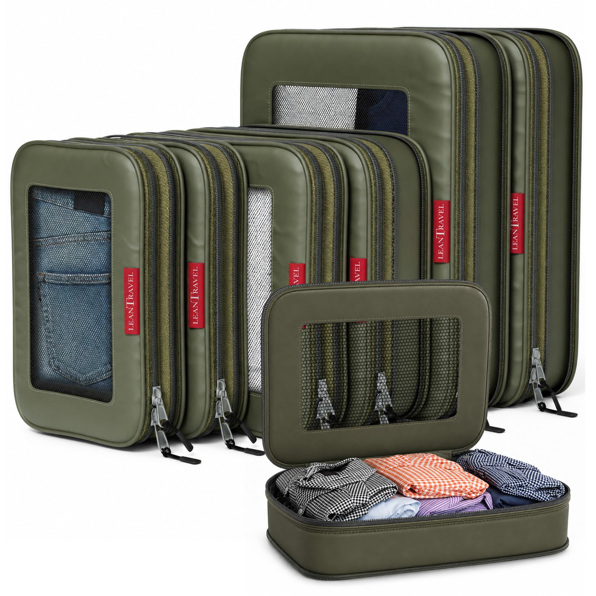 Premium Compression Packing Cubes for Travel - Suitcase Organizer Bags with Double Zipper & Breathable Mesh Panel - Space Saving Carry On Luggage Essentials (6-Pack, Olive Green)