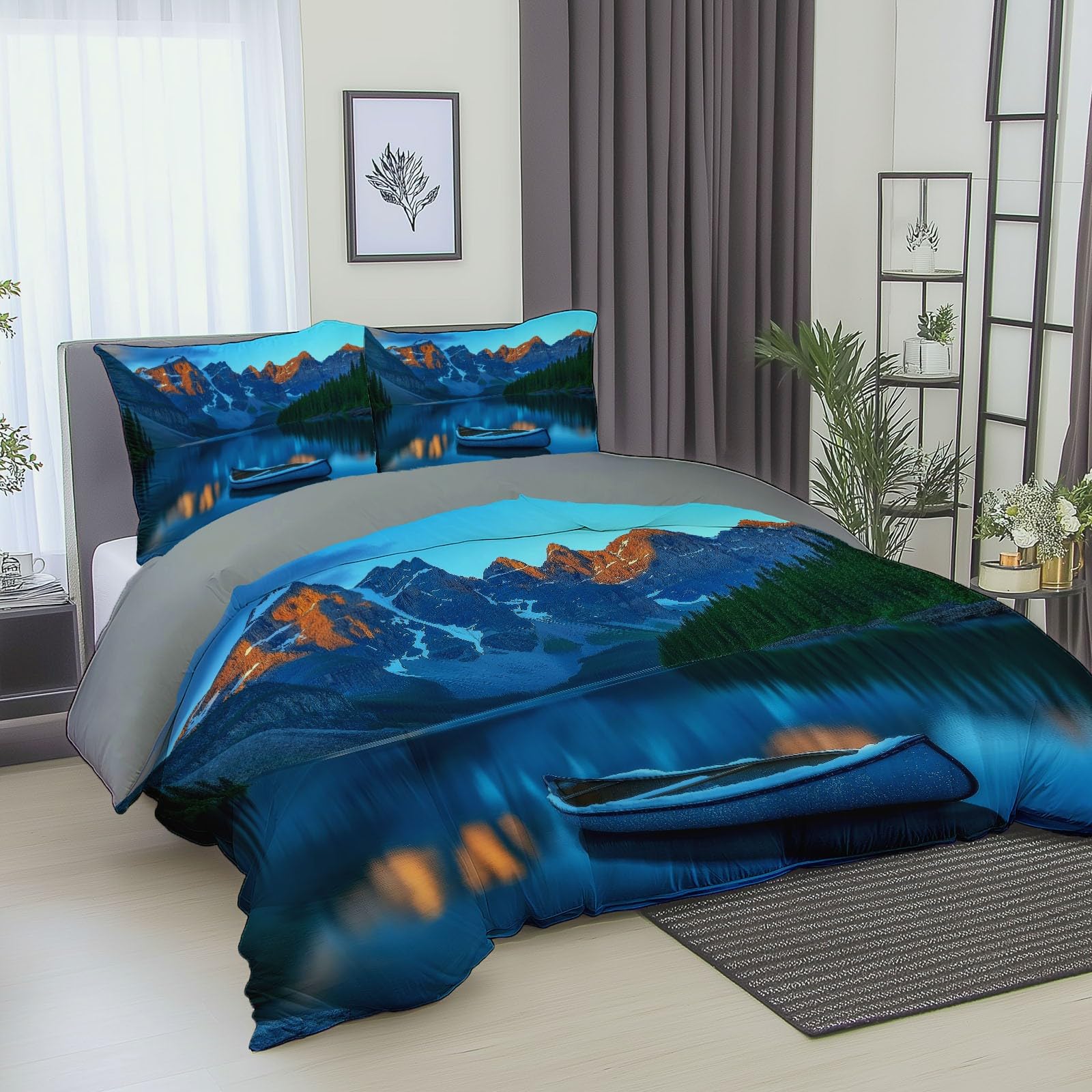 Poszwa na kołdrę Natura Jeziora Górskie Wzór 240x260 cm Dwustronny zestaw pościeli z nadrukiem z 2 poszewkami na poduszki Szary Zestaw pościeli z mikrofibry na 4 pory roku