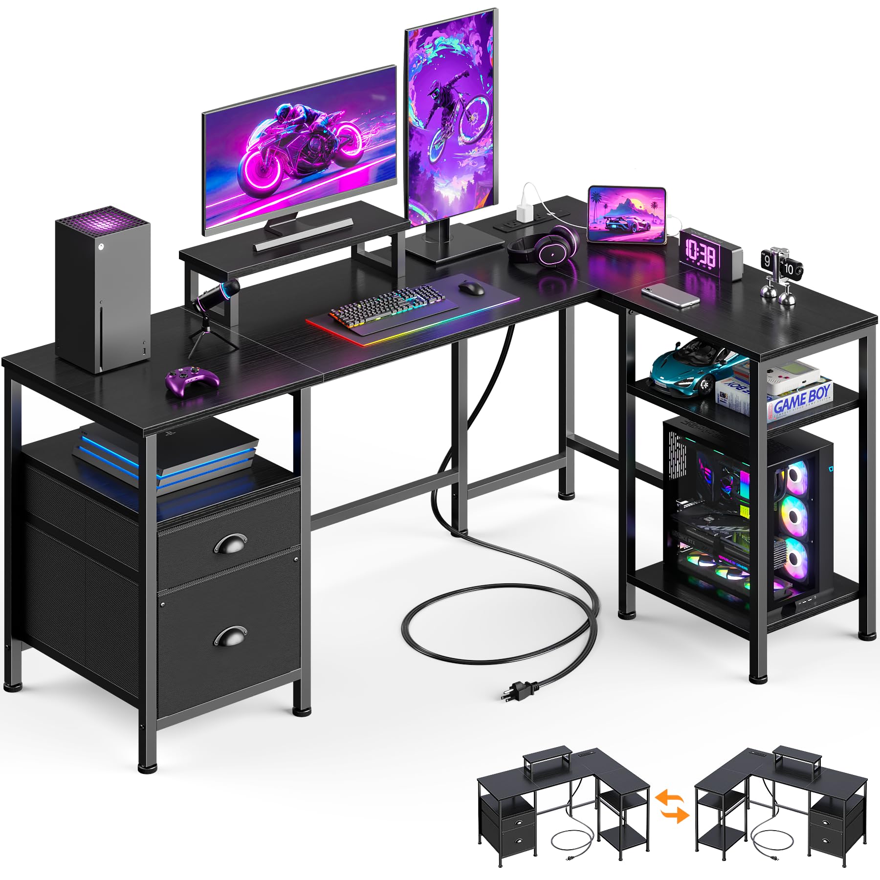 Photo 1 of ***MAJOR DAMAGE*** Furologee L Shaped Gaming Desk with Power Outlet, Corner Computer Desk for Home Office, Reversible 50 Inch Work Study Table with File Drawer, Monitor Stand, Storage Shelves, Black