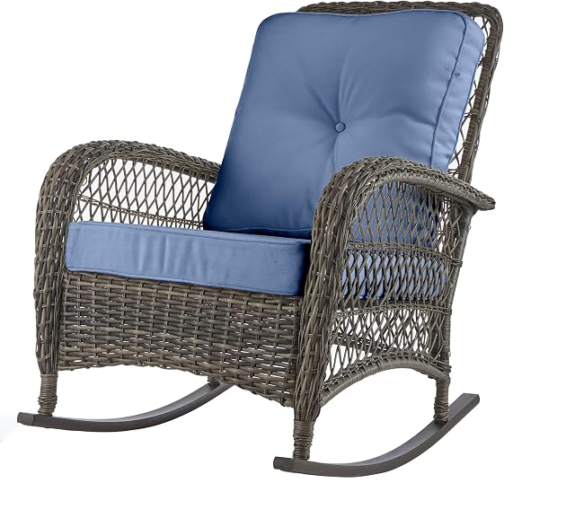 Bravich Rattan Wicker Style Grey Rocking Chair Relaxing Lounge Chair Metal & Blue Cushion, Garden Patio Porch Lawn Deck Backyard Furniture