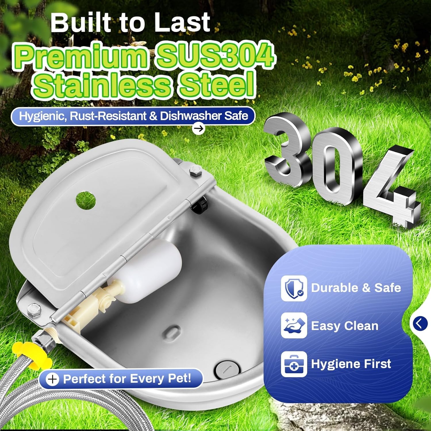 Automatic Animal Drinking Water Bowl with Float Valve, Extended Pipe & Drain Hole, Stainless Steel Waterer Feeder Farm Dog Dispenser Kit Self Filling for Livestock Horse Goat Water Trough