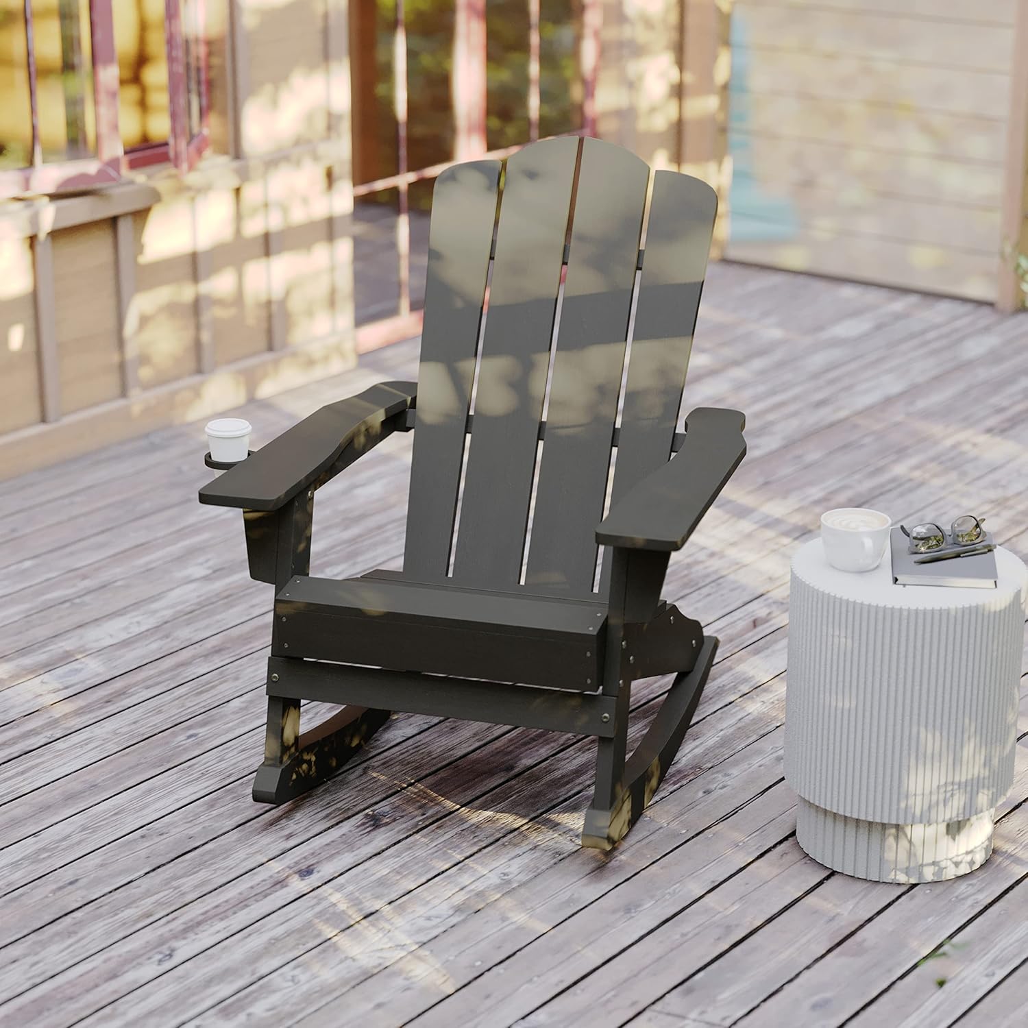 Flash Furniture Halifax Adirondack Rocking Chair with Cup Holder, Weather Resistant Poly Resin Adirondack Rocking Chair, Gray
