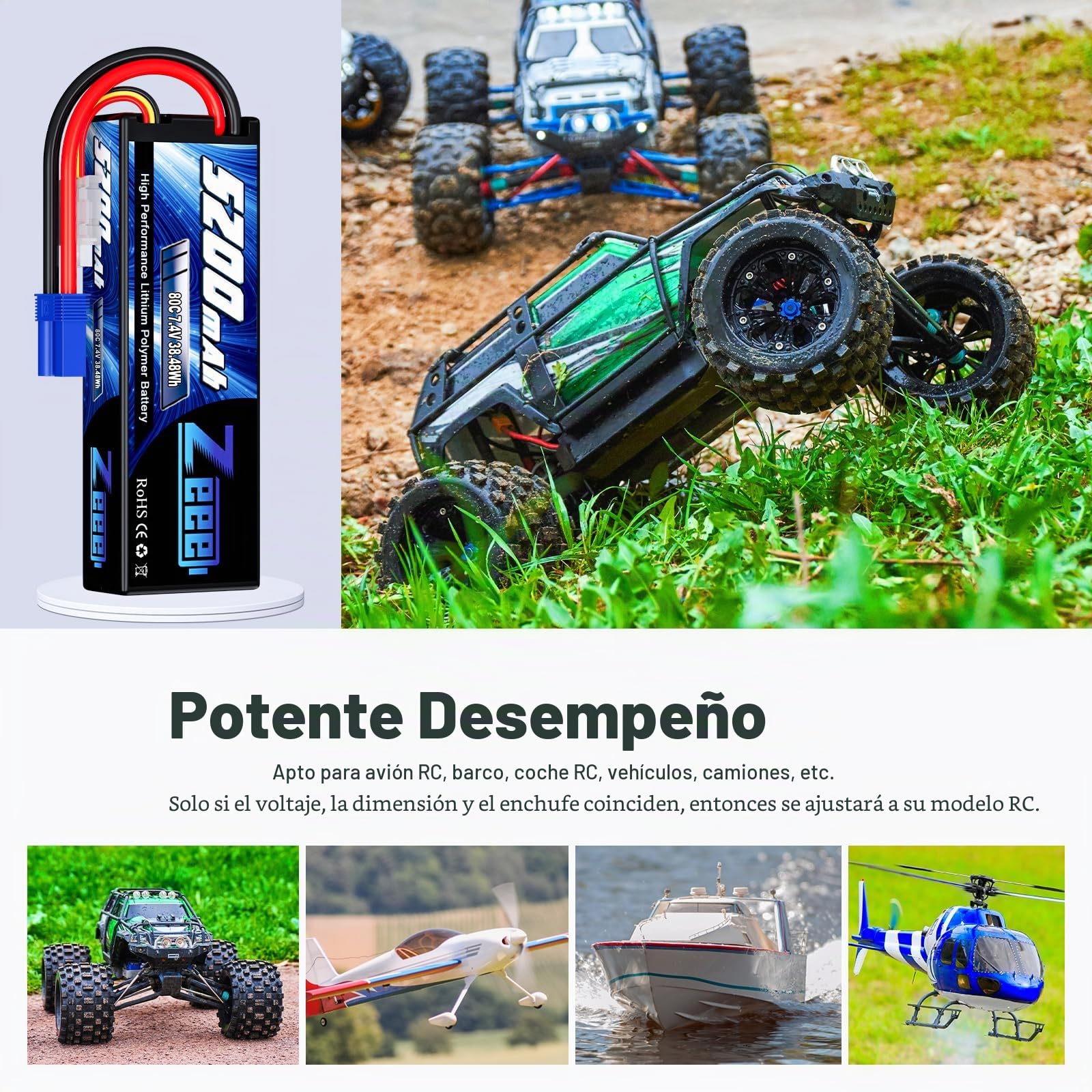 Zeee 2S Lipo - Batería para RC Evader Bx Auto Car Truck LKW Truggy RC Hobby (5200 mAh, 7,4 V, 80 C, con Conector EC5, Enchufe EC5, 2 Paquetes)