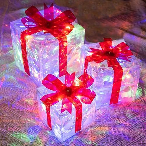 Hourleey Set of 3 Christmas Lighted Gift Boxes, Pre-lit 60