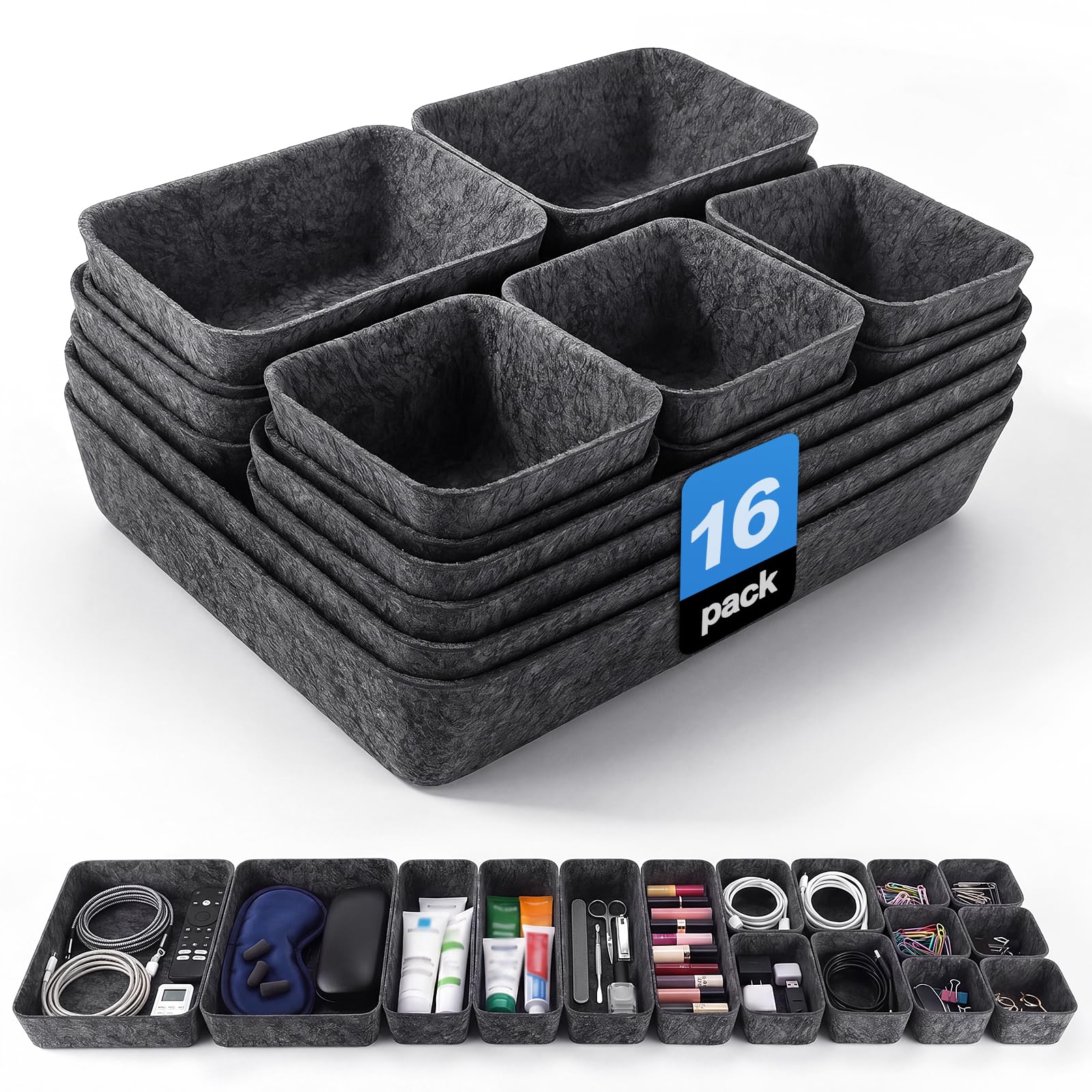 Toyzy 16 er-Set Schubladen Organizer Filz, Filz Organizer | Schubladenteiler für Socken, Unterwäsche, Kosmetik, Büro & Schreibtisch – Weich, Geräuschlos & Kratzfest