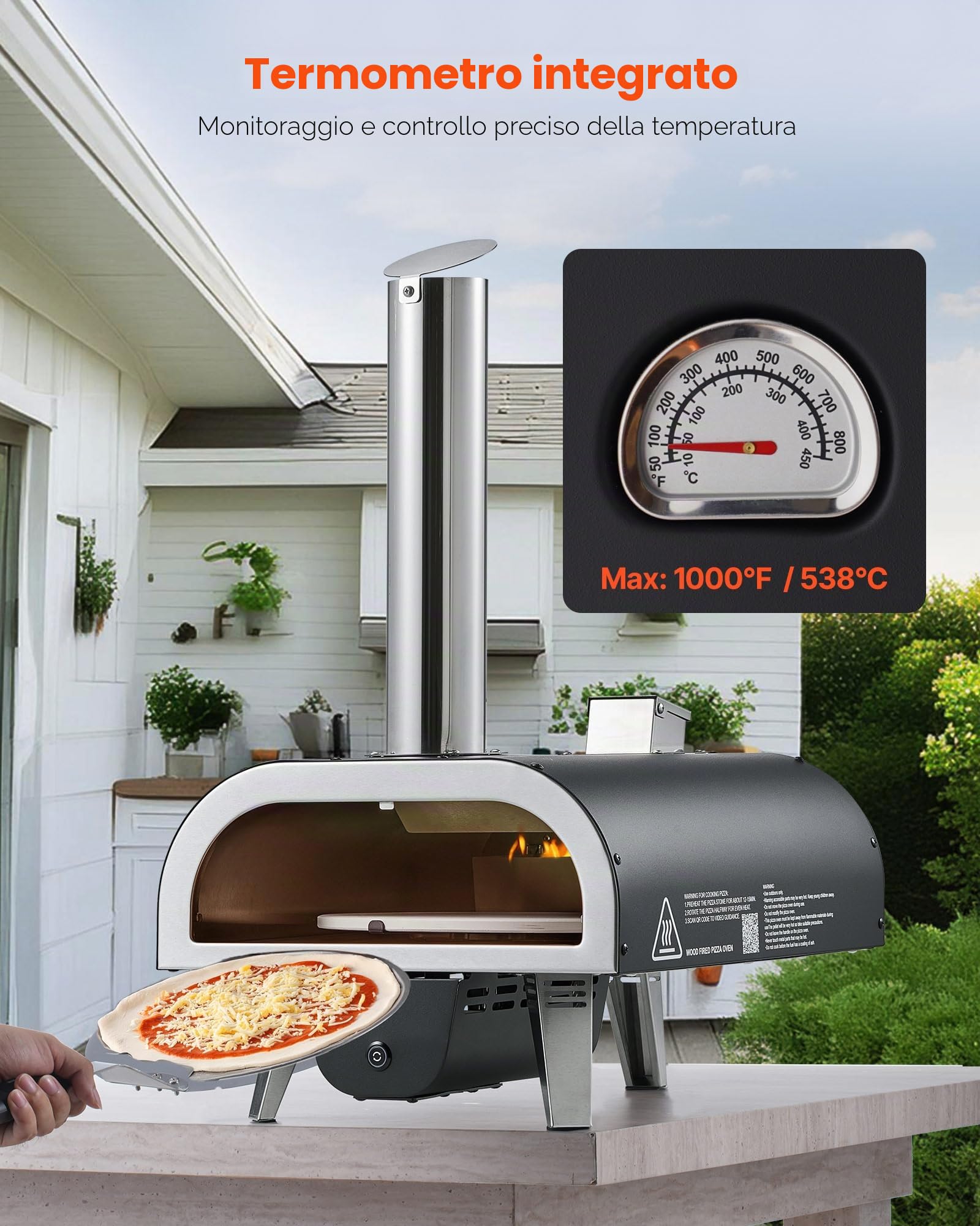 VEVOR Forno per Pizza da Eterno 304,8 mm, Forno a Legna a Pellet con Termometro e Rotazione Elettrica, Macchina per Pizza Portatile per Campeggio, Pietra, Borsa per il Trasporto, Pala