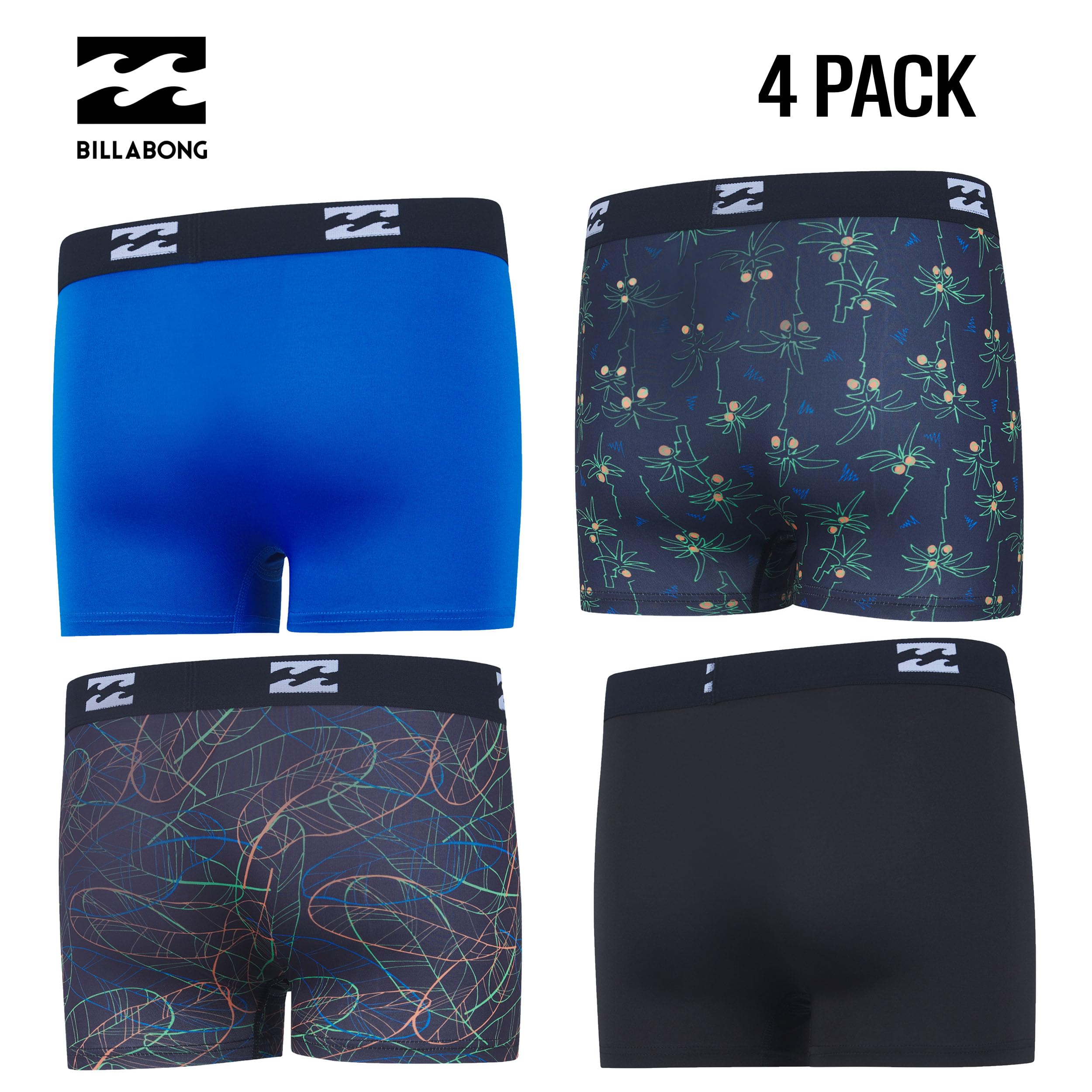 Billabong Confezione da 4 boxer per ragazzi dai 6 ai 18 anni, resistenti, elasticizzati, traspiranti, traspiranti