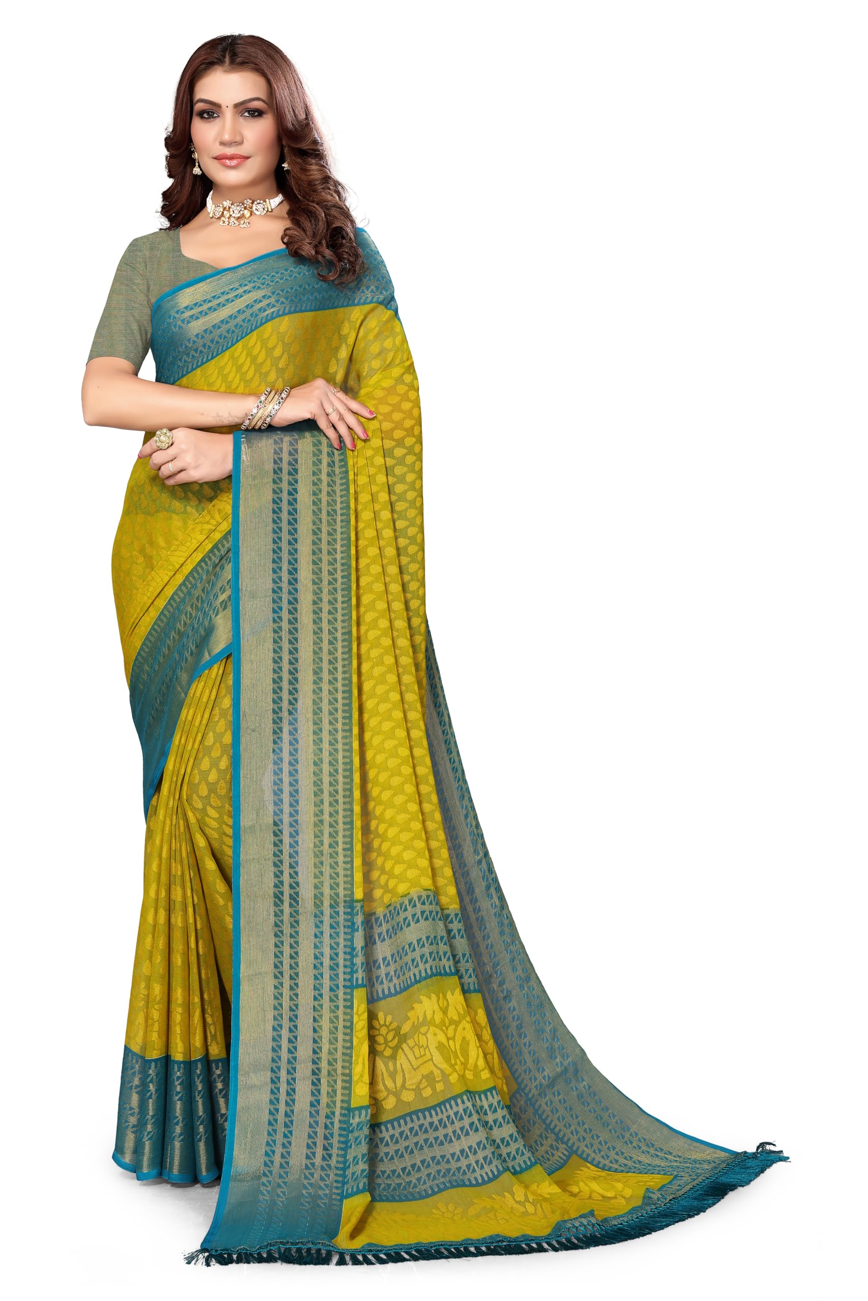 Women's Brasso Elephant Printed Saree With Unstitched Blouse Piece | Traditional Ethnic Wear | Wedding/Festive Sarees | Everyday Sari-picture-20